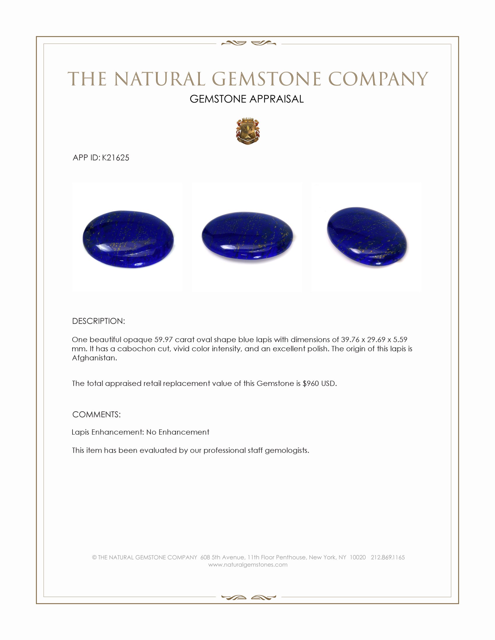 59.97 Ct. Cabochon Lapis from Afghanistan