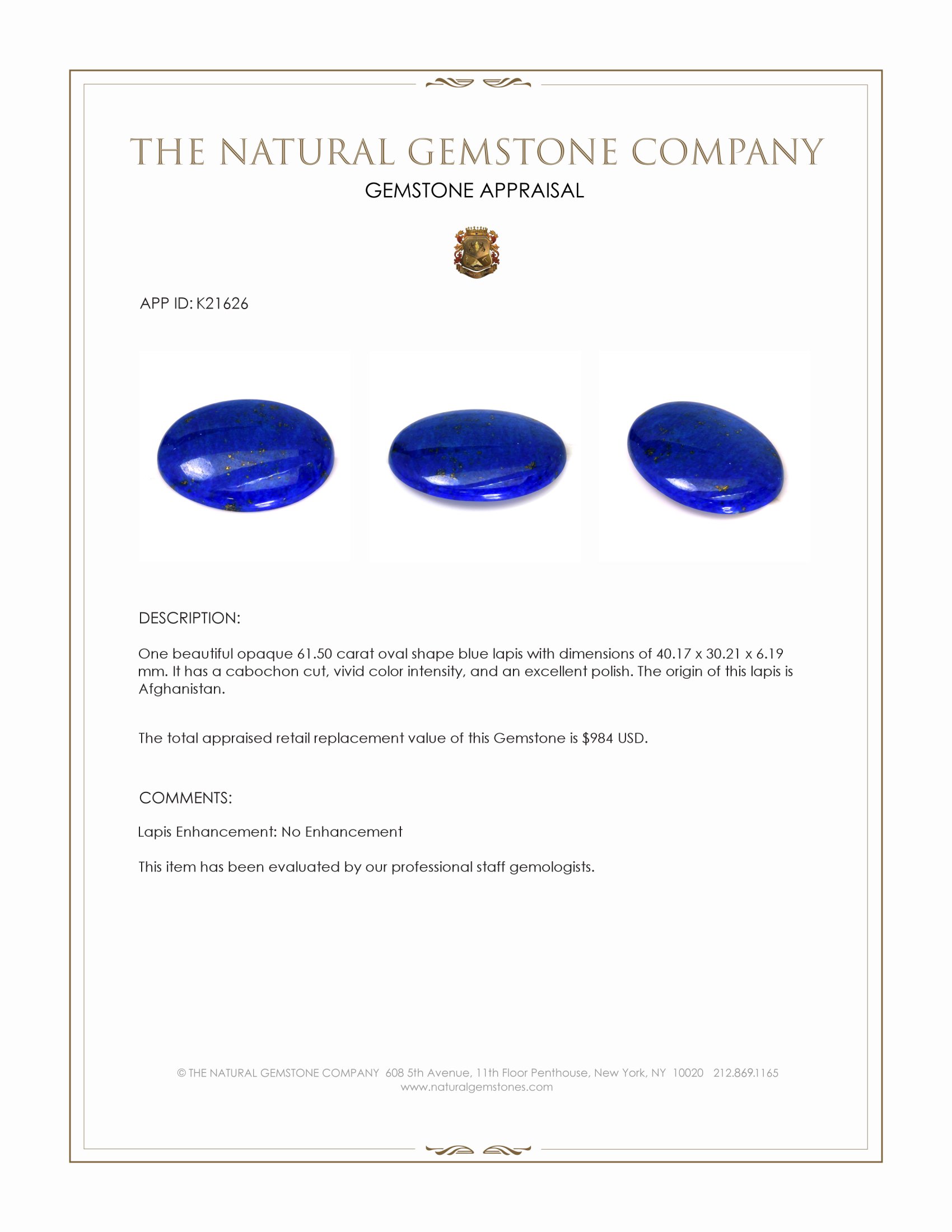 61.50 Ct. Cabochon Lapis from Afghanistan