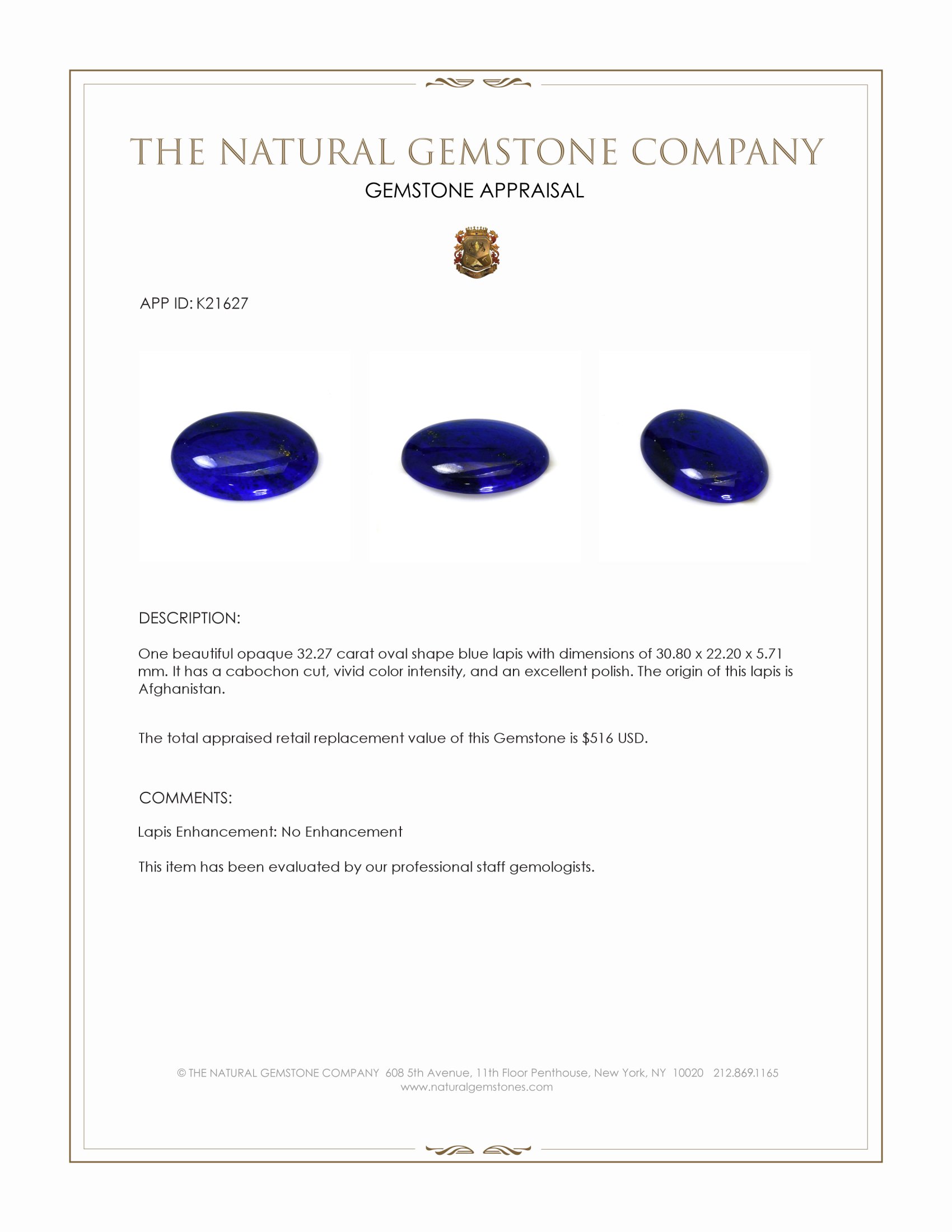 32.27 Ct. Cabochon Lapis from Afghanistan