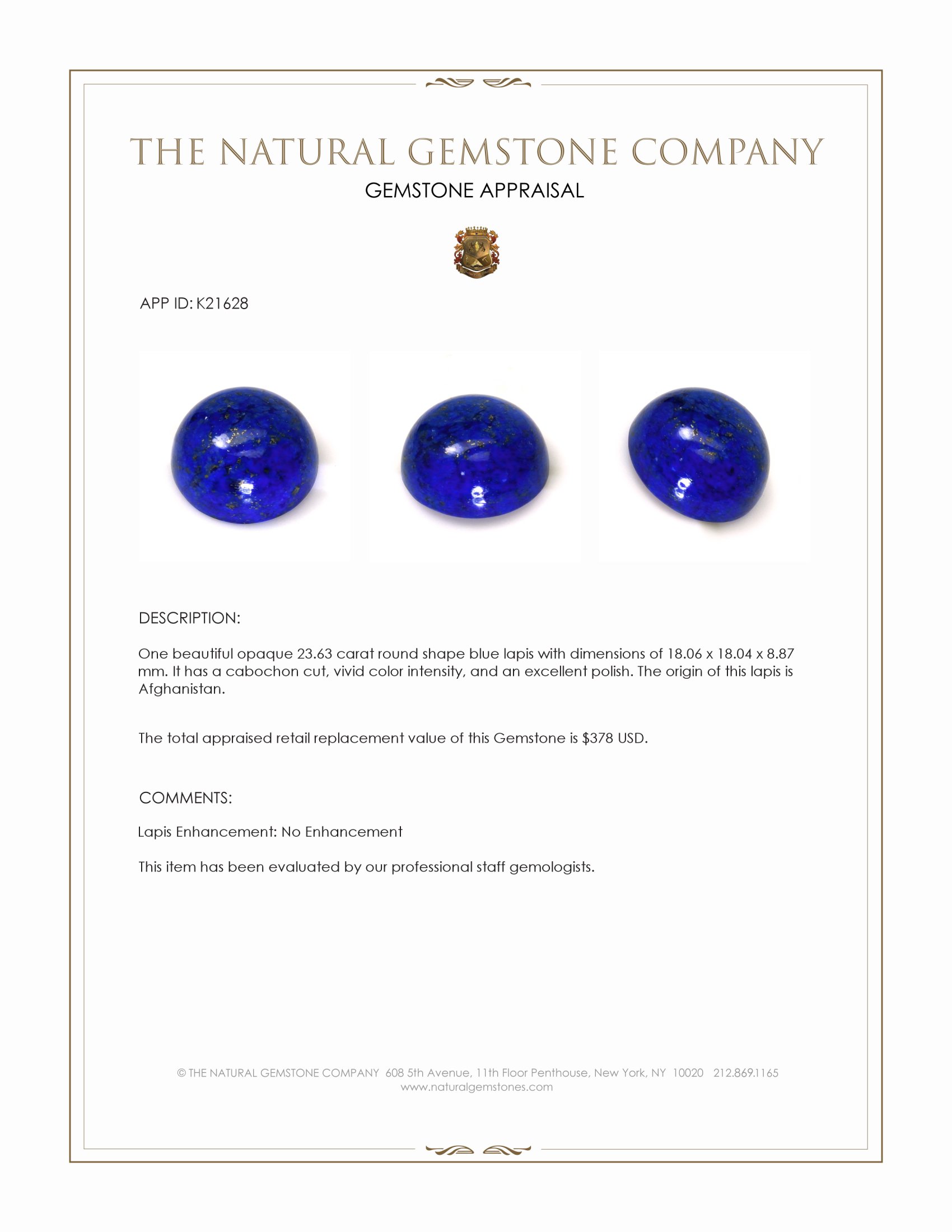 23.63 Ct. Cabochon Lapis from Afghanistan