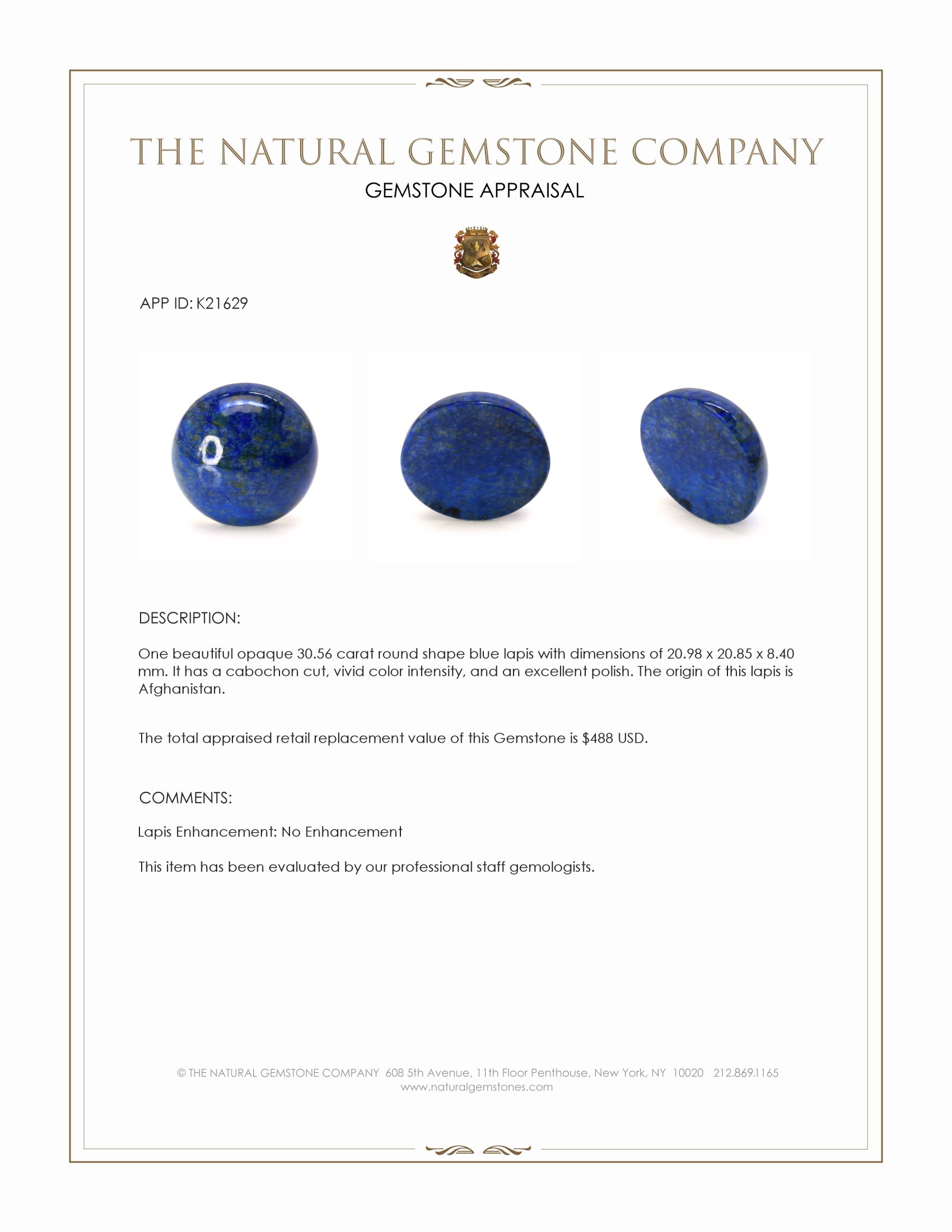 30.56 Ct. Cabochon Lapis from Afghanistan