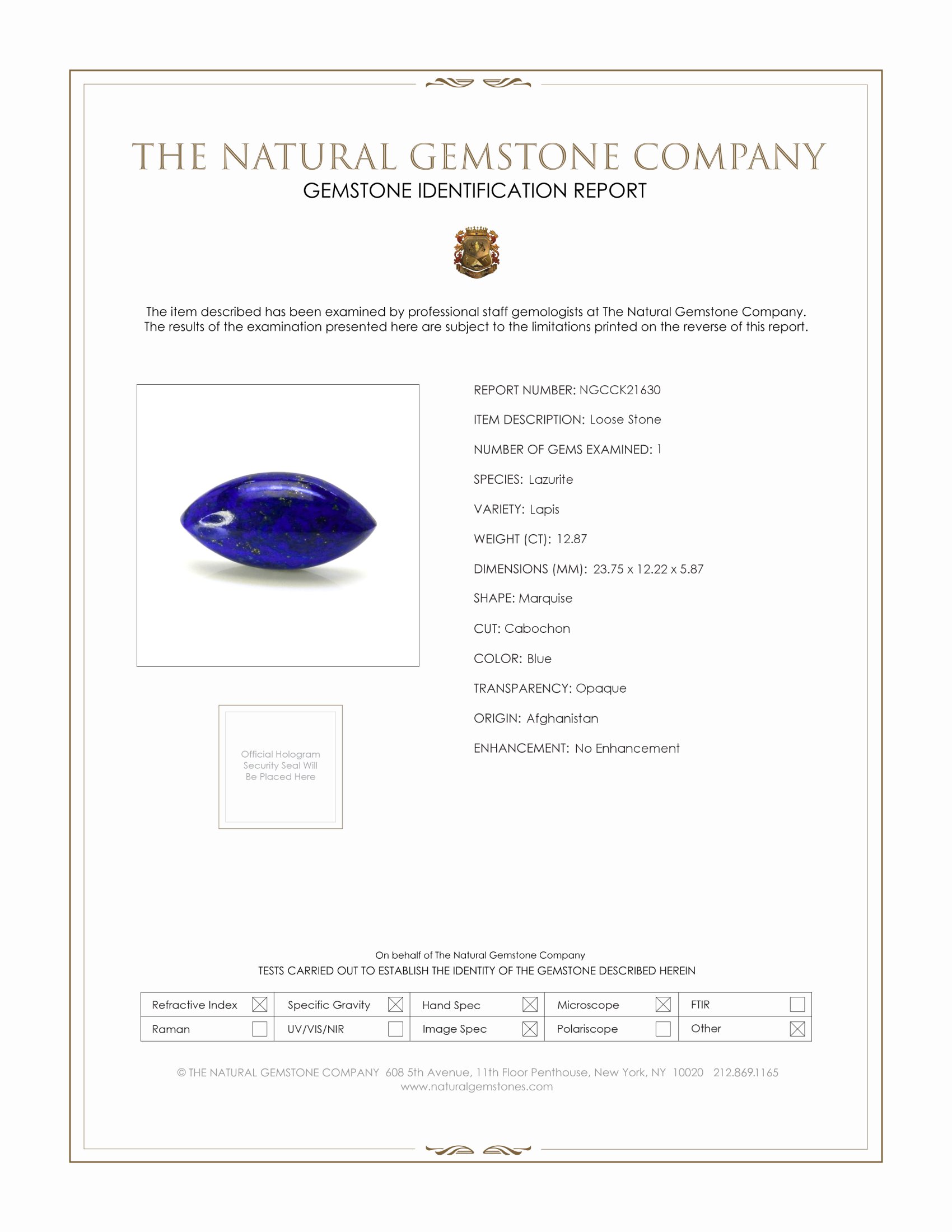 12.87 Ct. Cabochon Lapis from Afghanistan