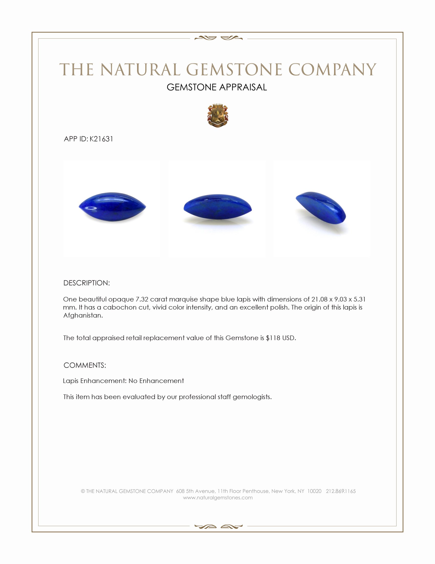 7.32 Ct. Cabochon Lapis from Afghanistan