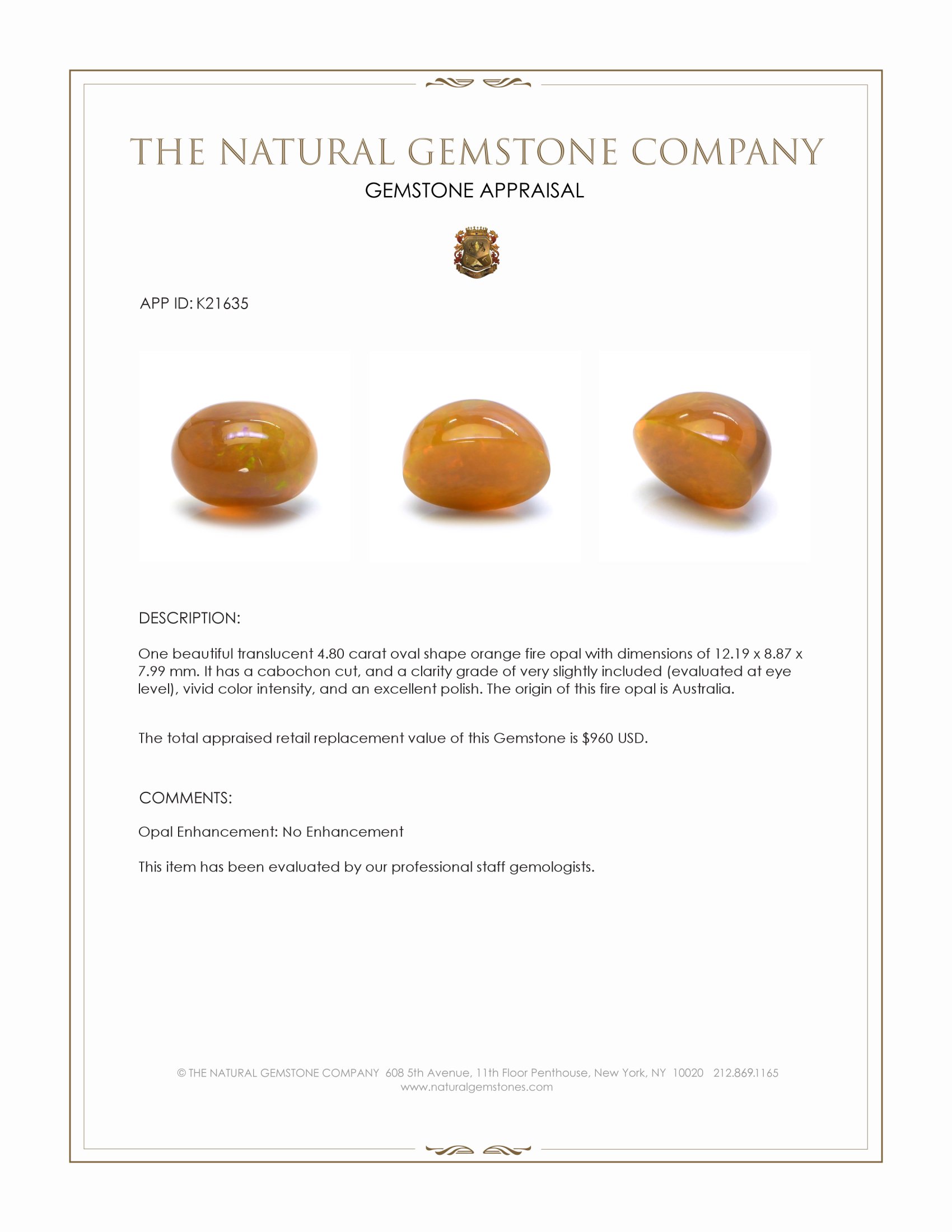 4.80 Ct. Cabochon Fire Opal from Australia