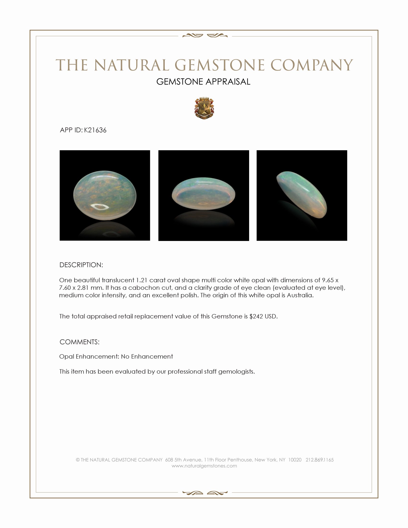 1.21 Ct. Cabochon White Opal from Australia