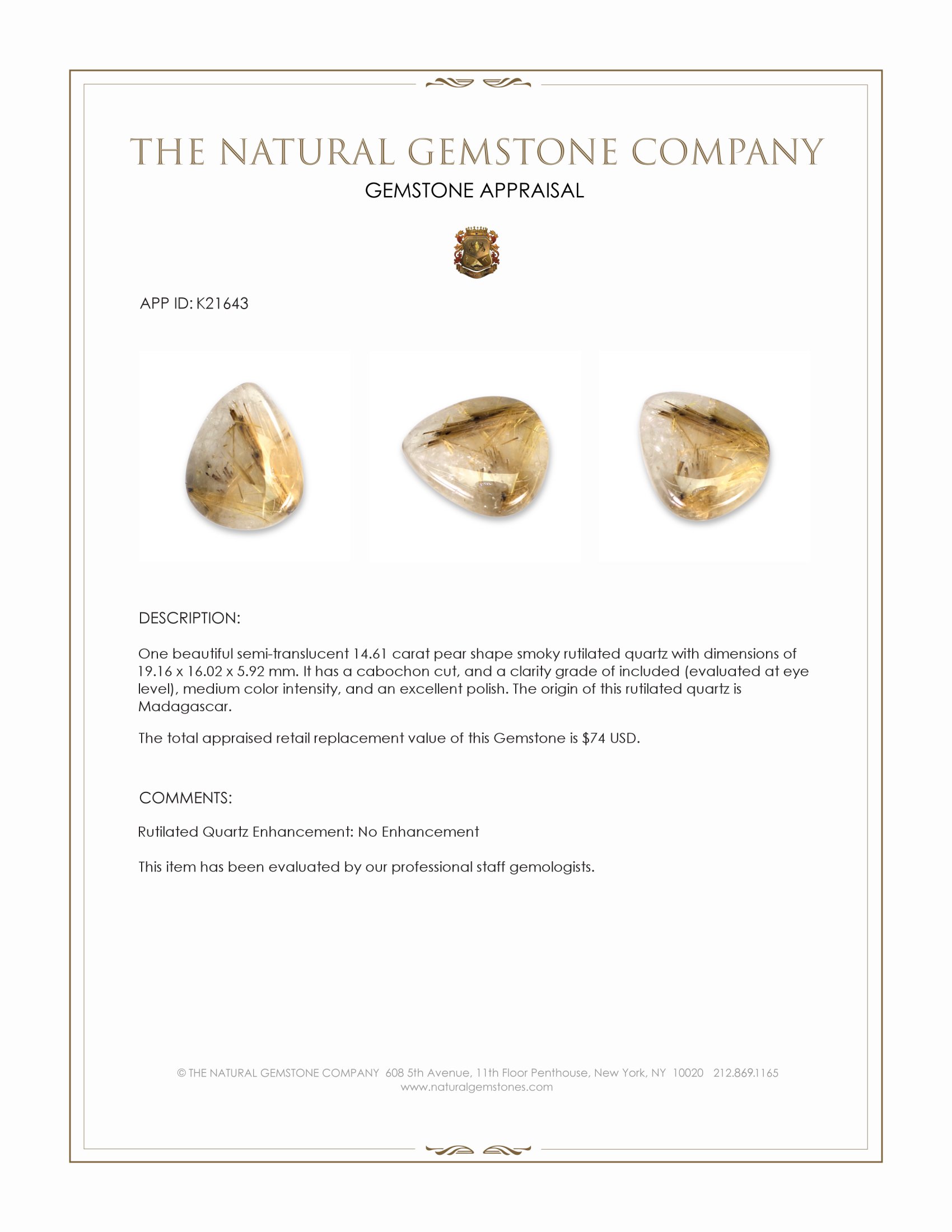 14.61 Ct. Cabochon Rutilated Quartz from Madagascar