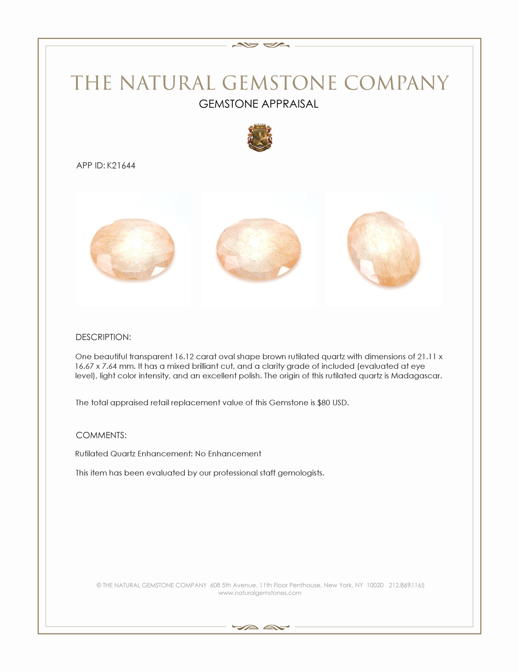 16.12 Ct. Rutilated Quartz from Madagascar