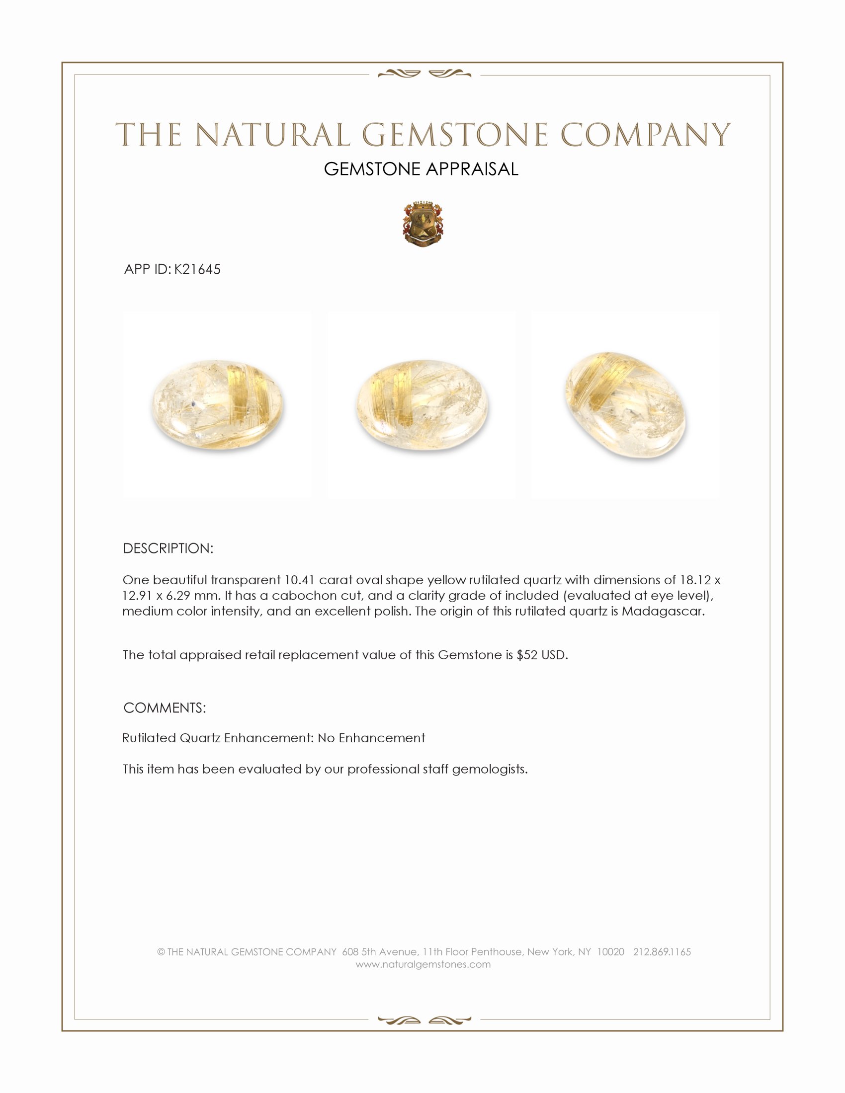 10.41 Ct. Cabochon Rutilated Quartz from Madagascar