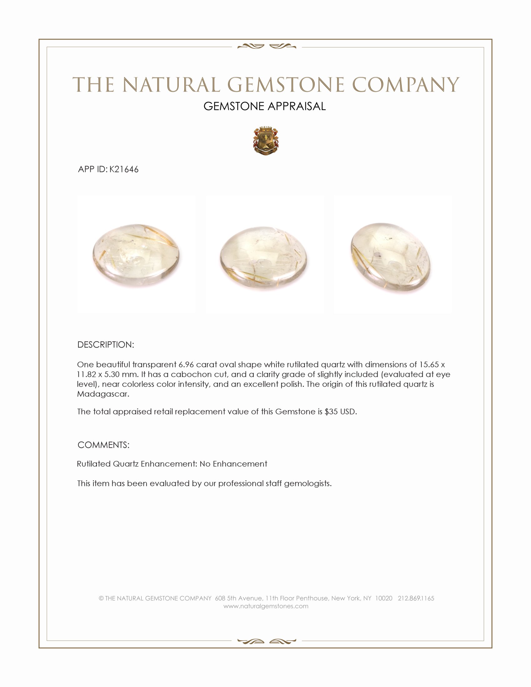 6.96 Ct. Cabochon Rutilated Quartz from Madagascar