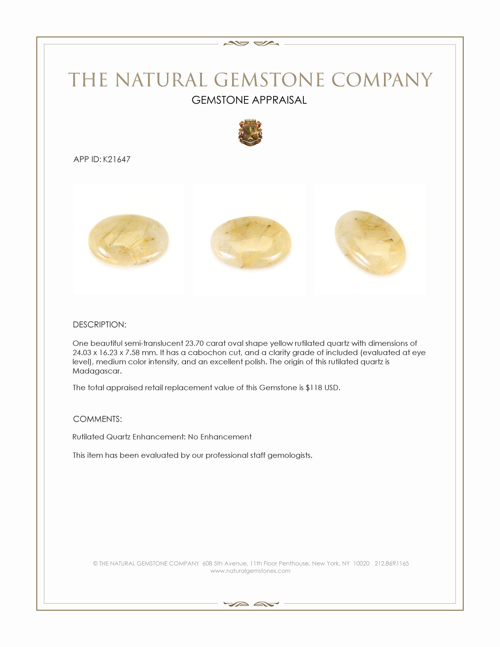 23.70 Ct. Cabochon Rutilated Quartz from Madagascar