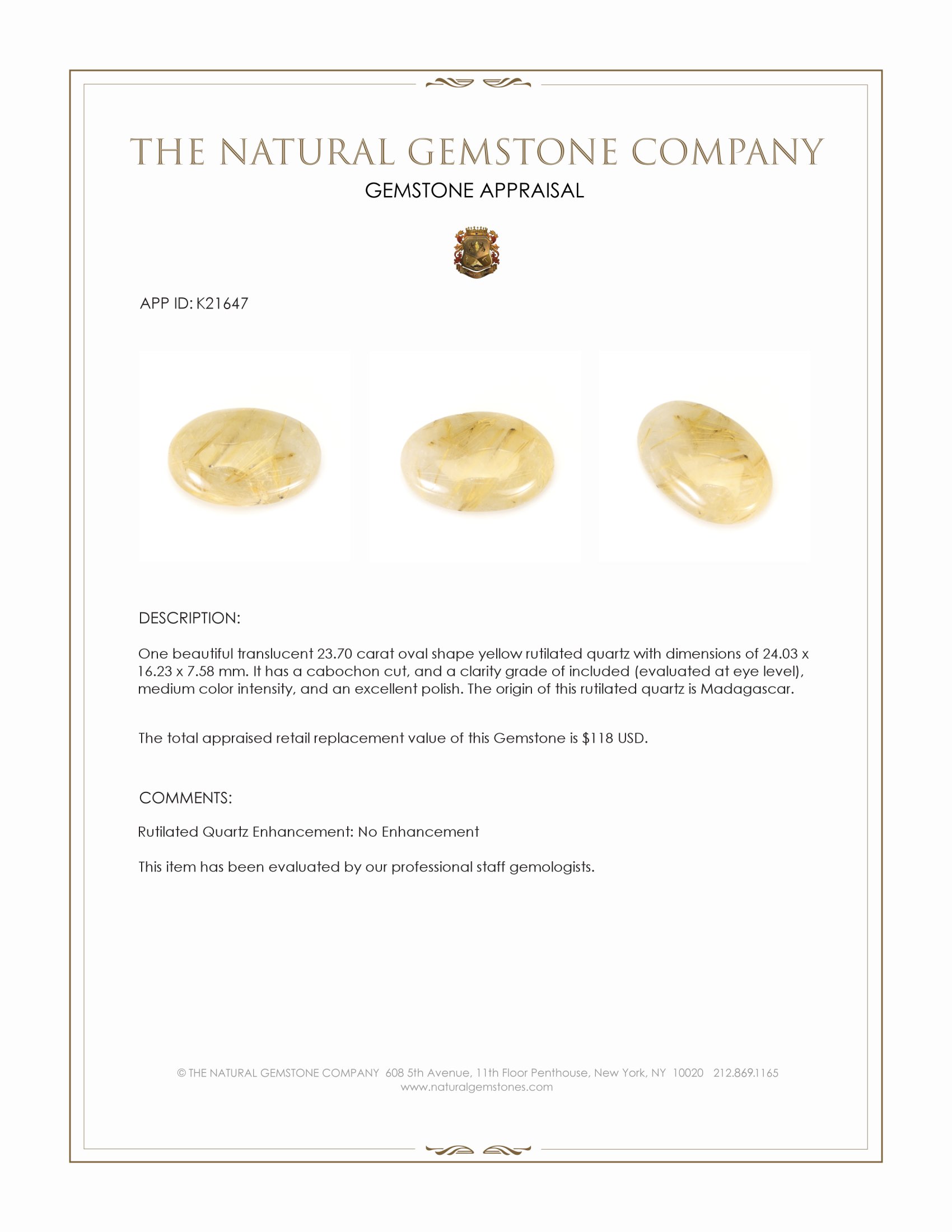 23.70 Ct. Cabochon Rutilated Quartz from Madagascar