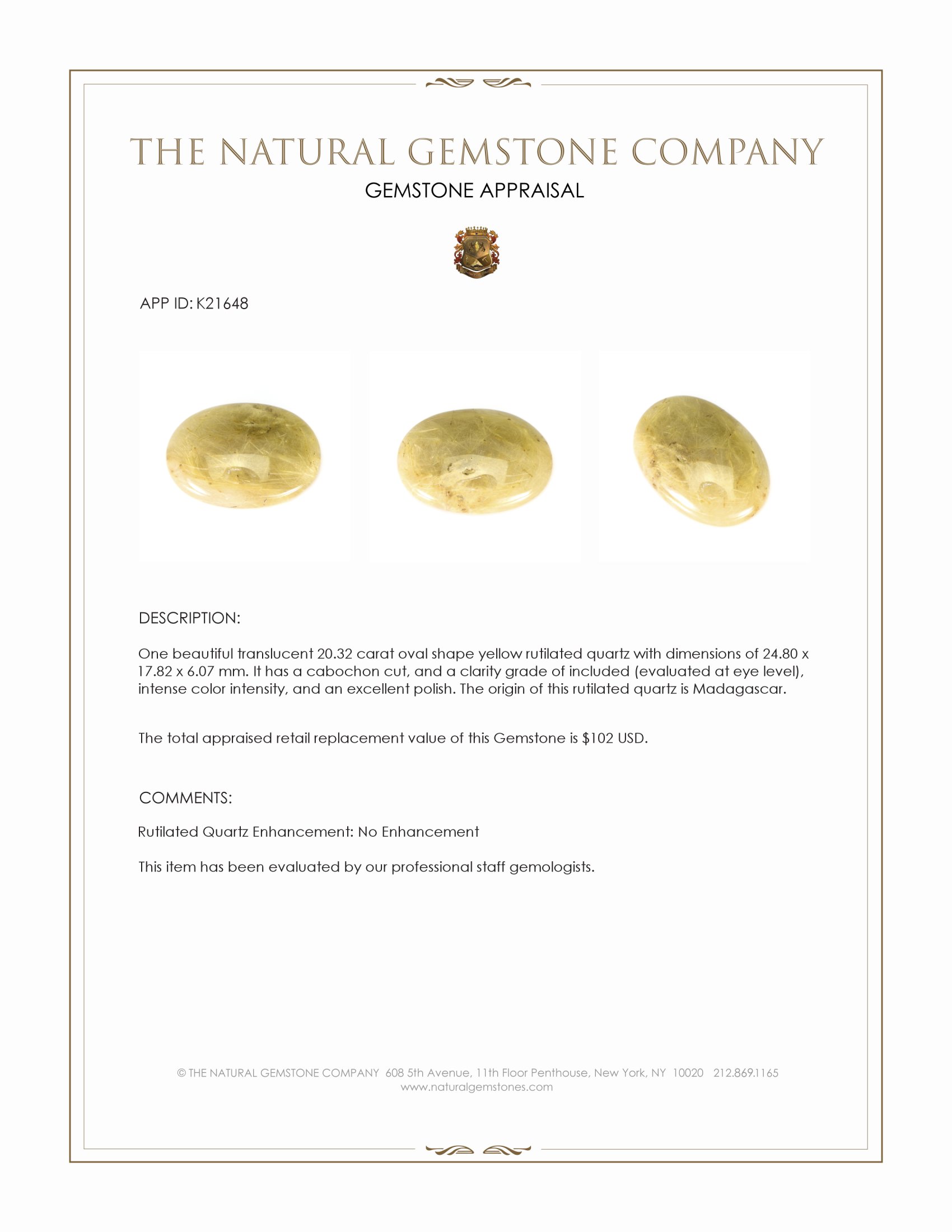 20.32 Ct. Cabochon Rutilated Quartz from Madagascar