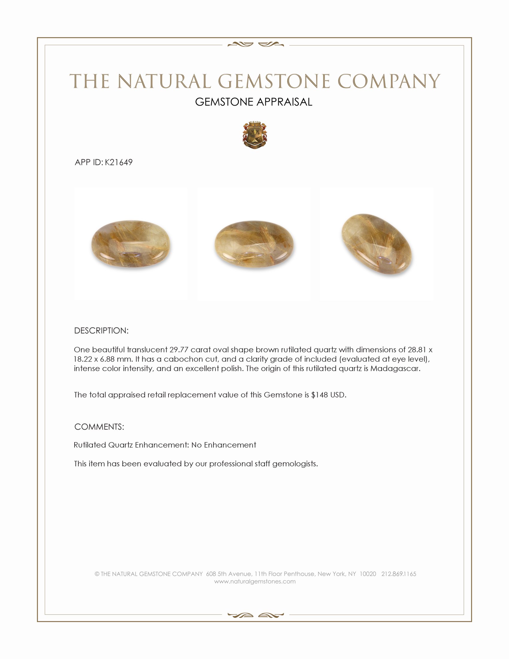 29.77 Ct. Cabochon Rutilated Quartz from Madagascar