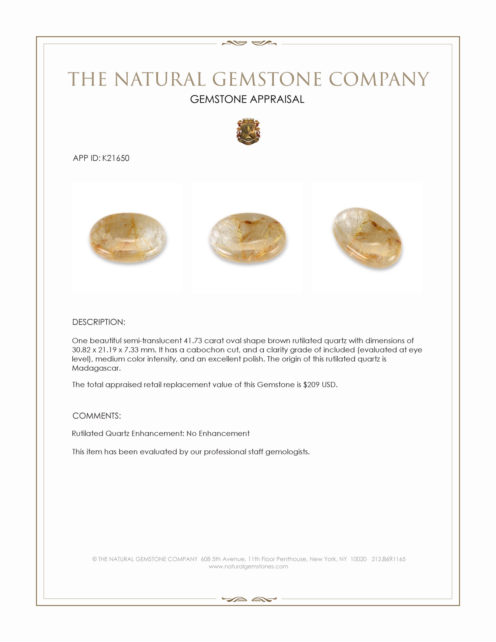 41.73 Ct. Cabochon Rutilated Quartz from Madagascar