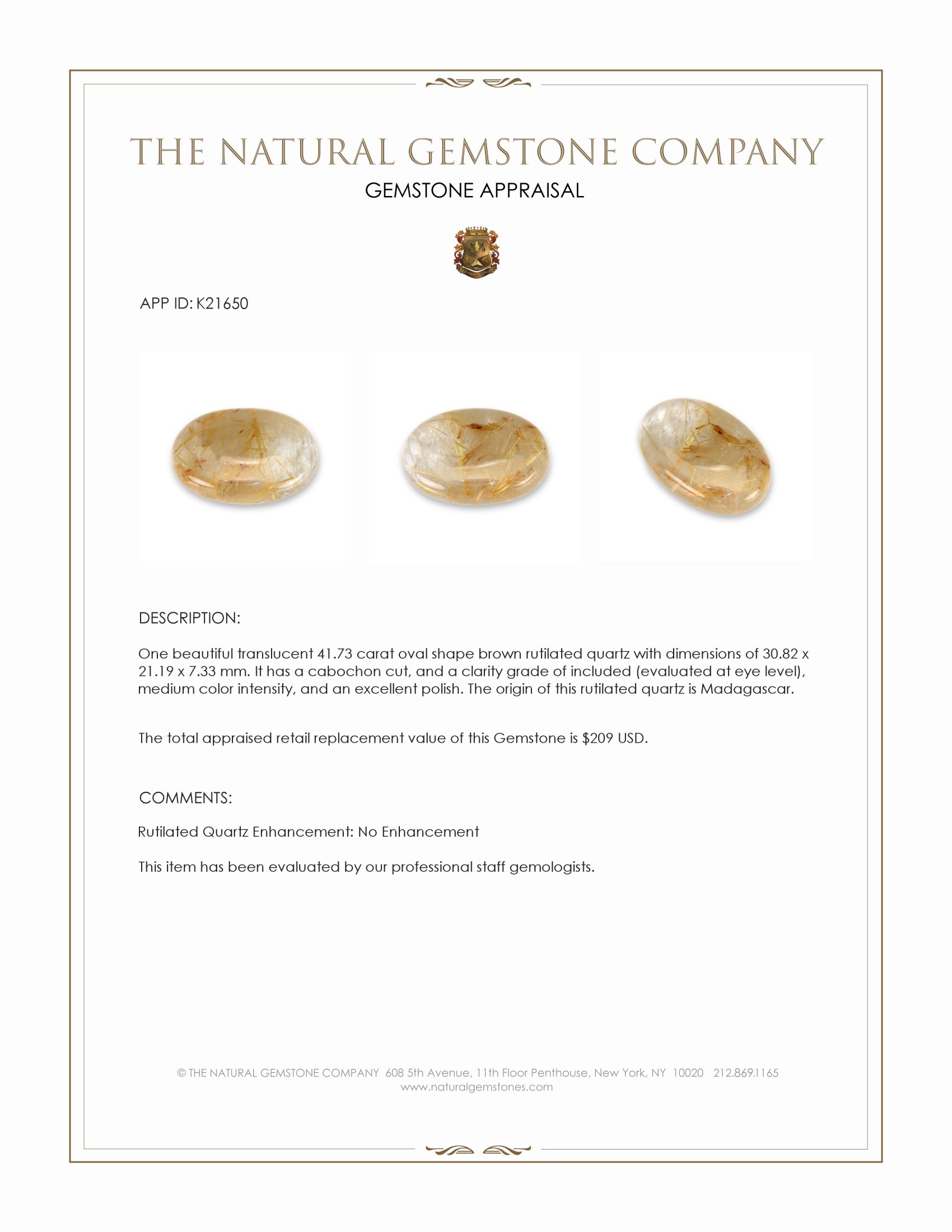 41.73 Ct. Cabochon Rutilated Quartz from Madagascar