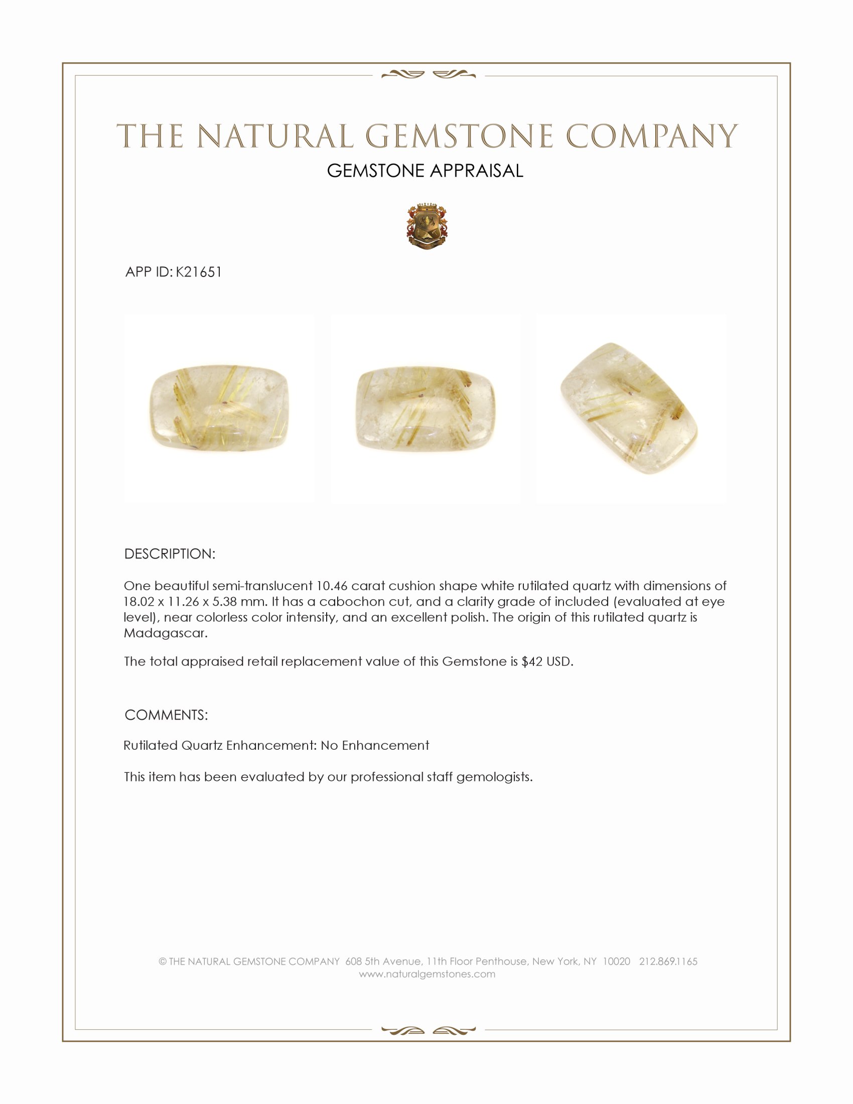 10.46 Ct. Cabochon Rutilated Quartz from Madagascar