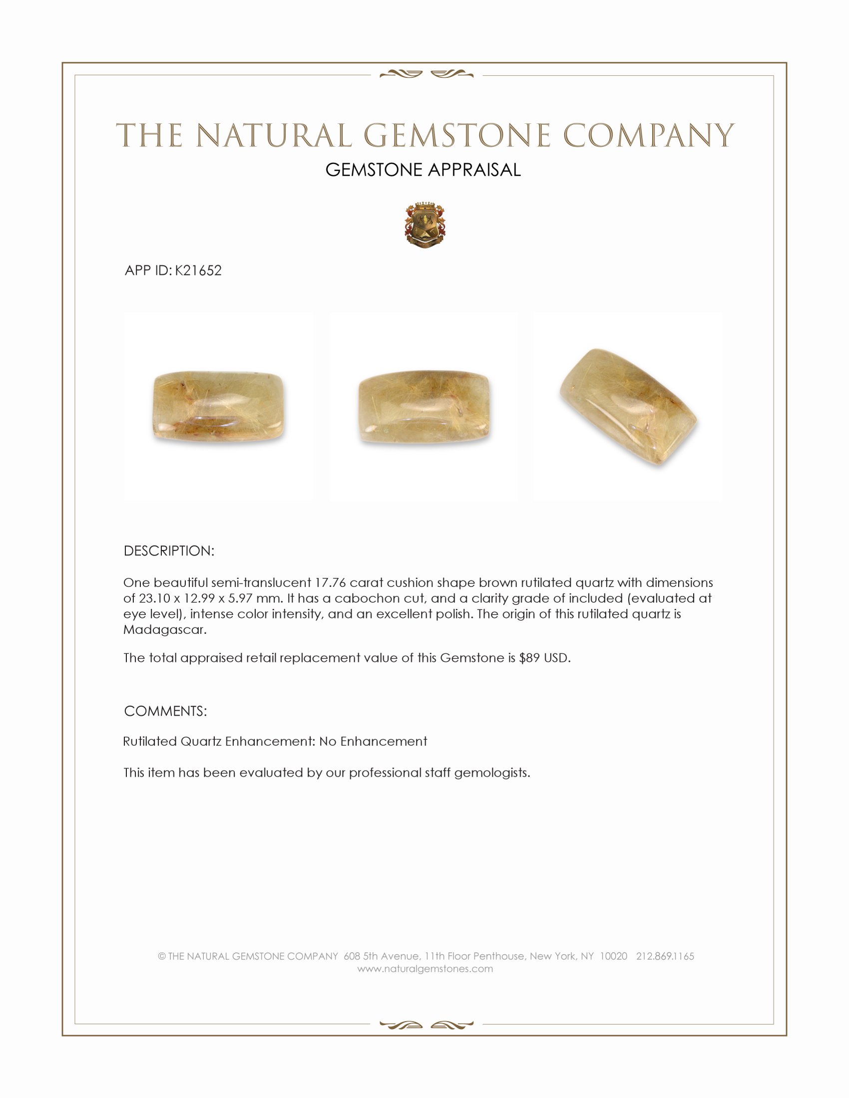 17.76 Ct. Cabochon Rutilated Quartz from Madagascar