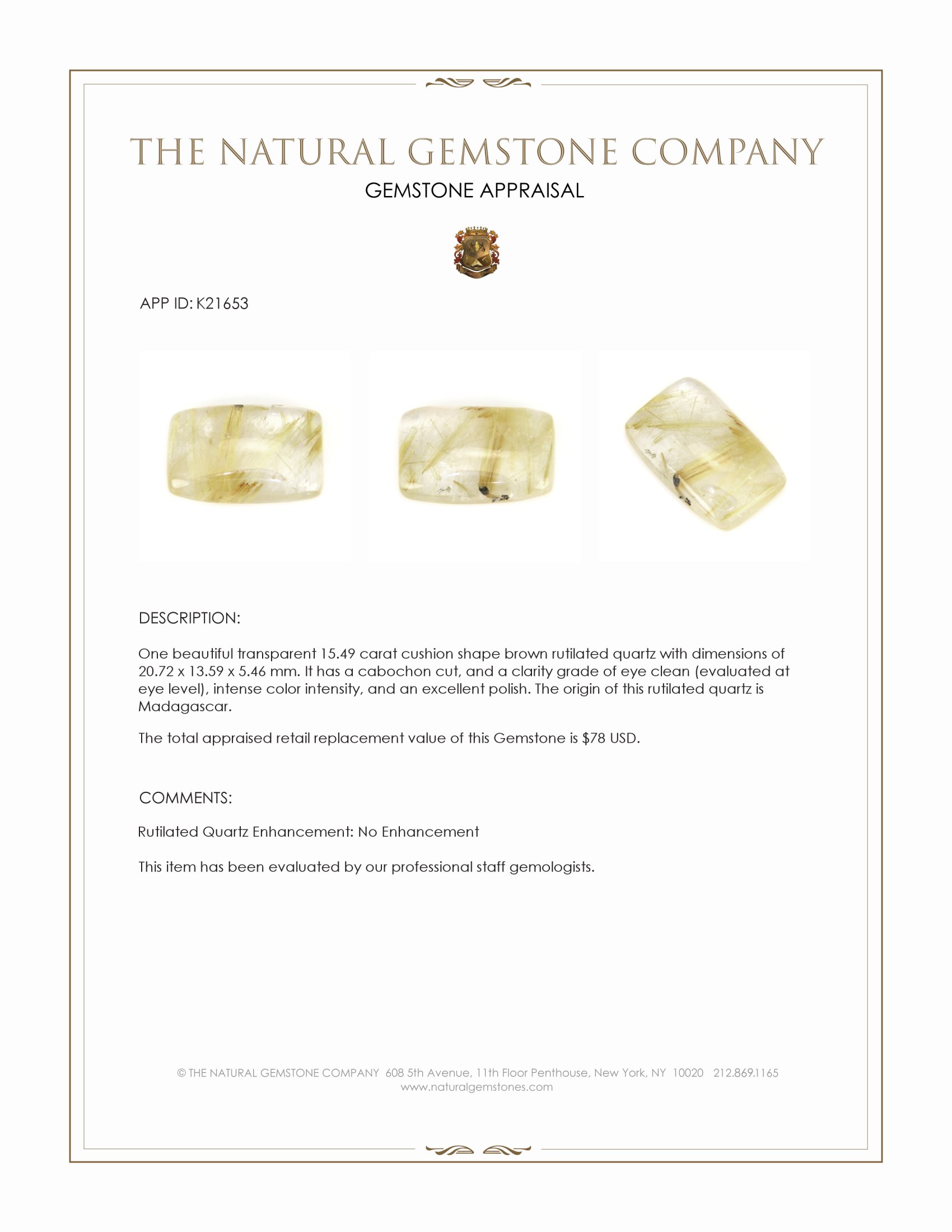 15.49 Ct. Cabochon Rutilated Quartz from Madagascar