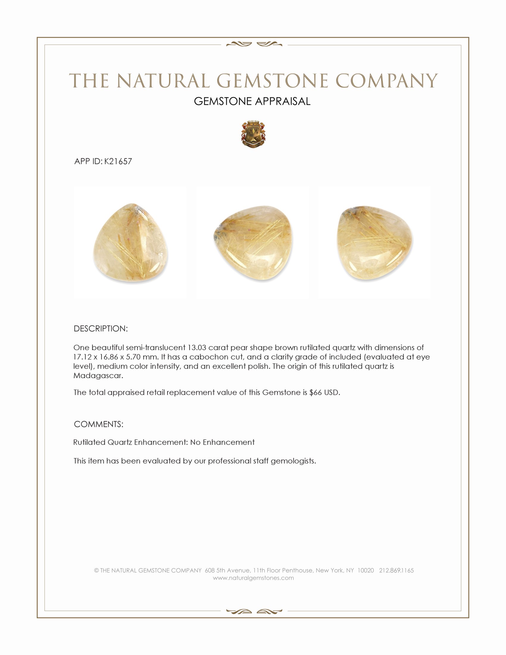 13.03 Ct. Cabochon Rutilated Quartz from Madagascar