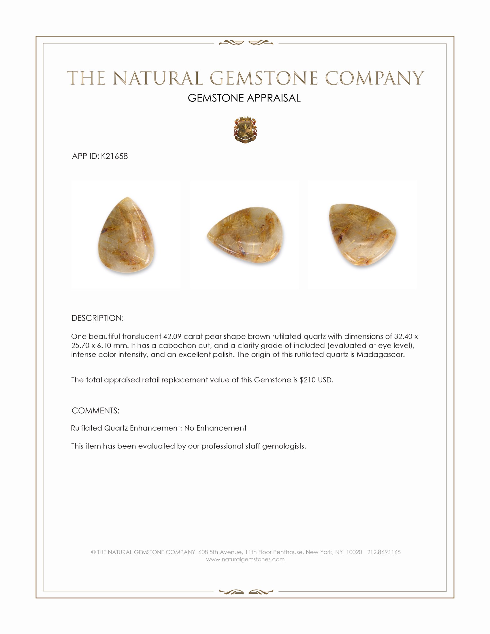 42.09 Ct. Cabochon Rutilated Quartz from Madagascar