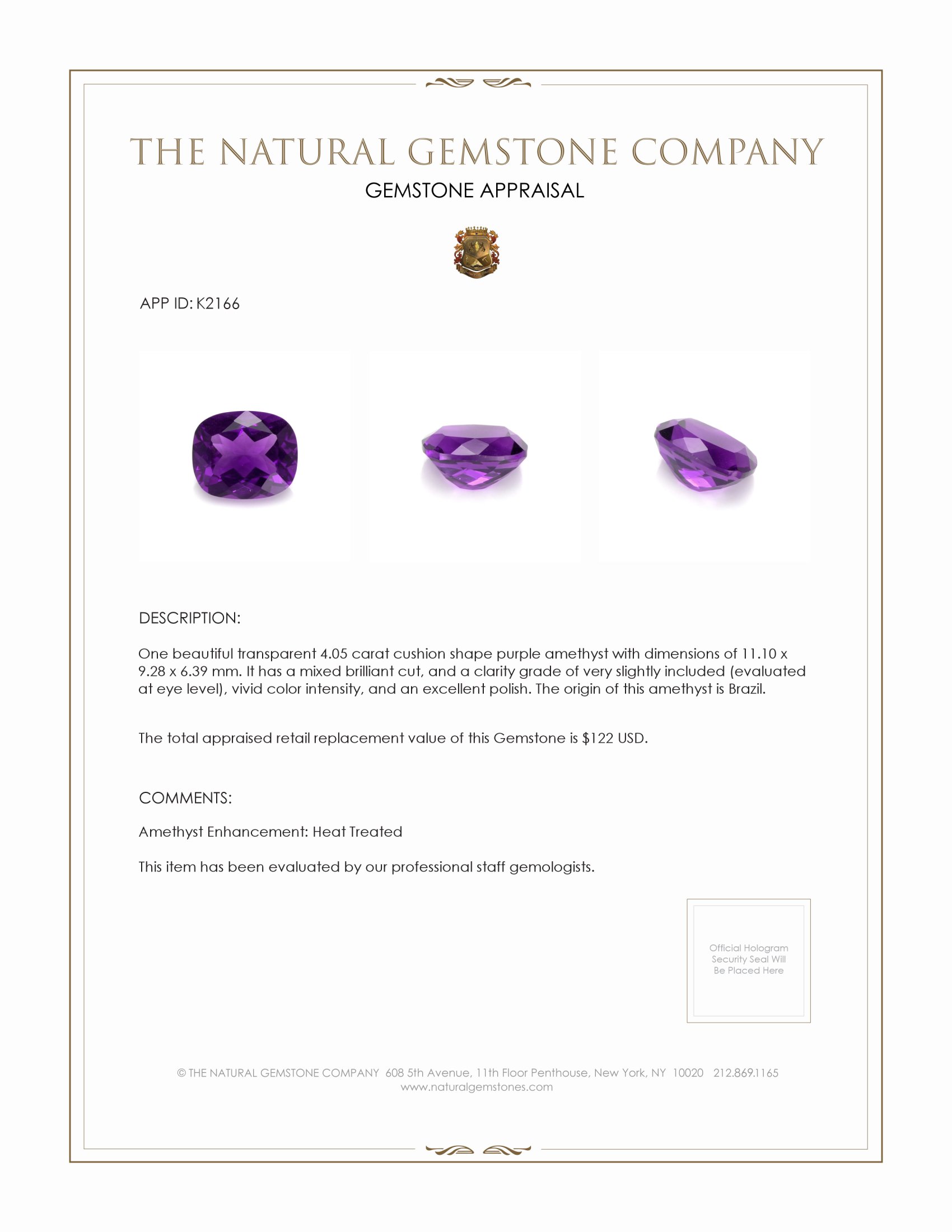 4.05 Ct. Purple Amethyst from Brazil