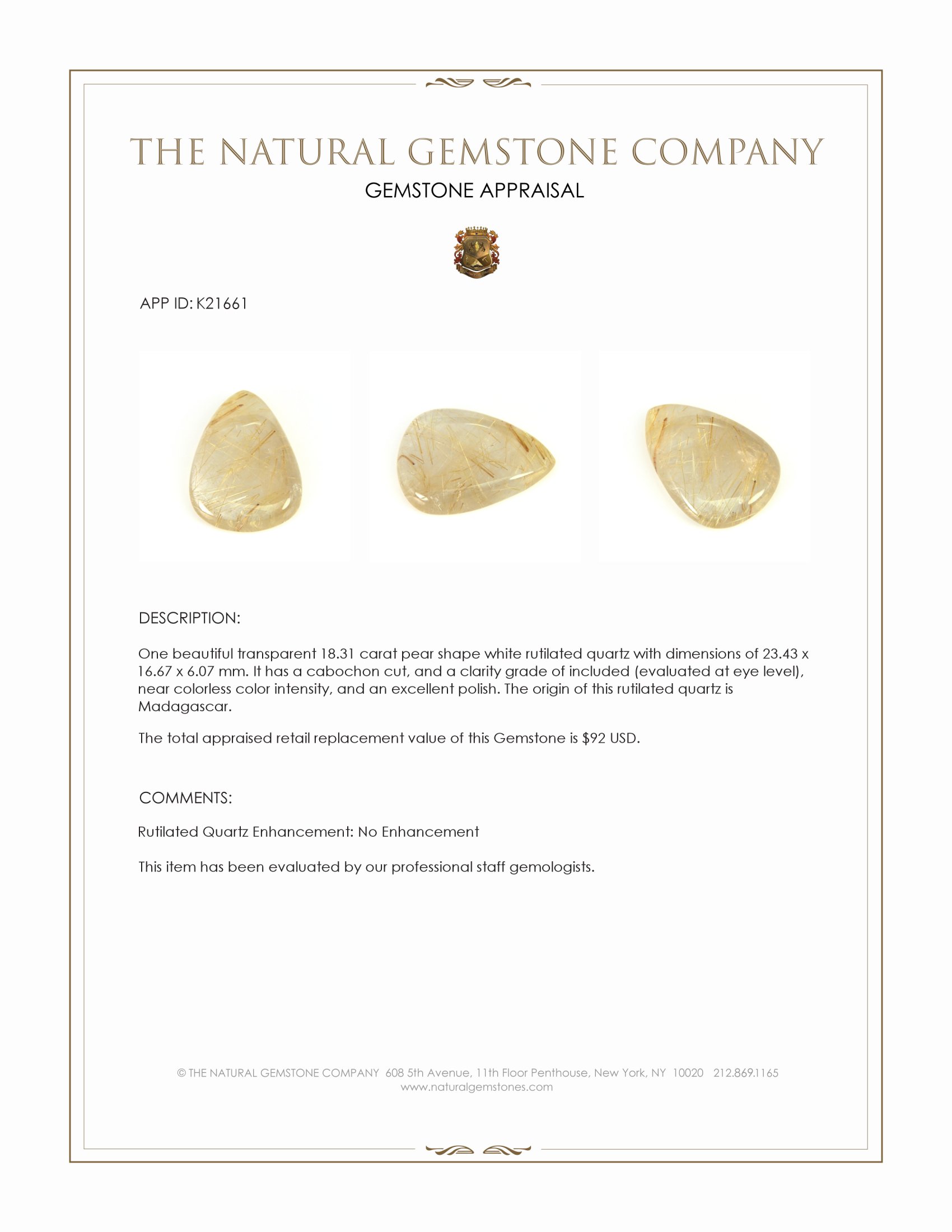 18.31 Ct. White Cabochon Rutilated Quartz from Madagascar