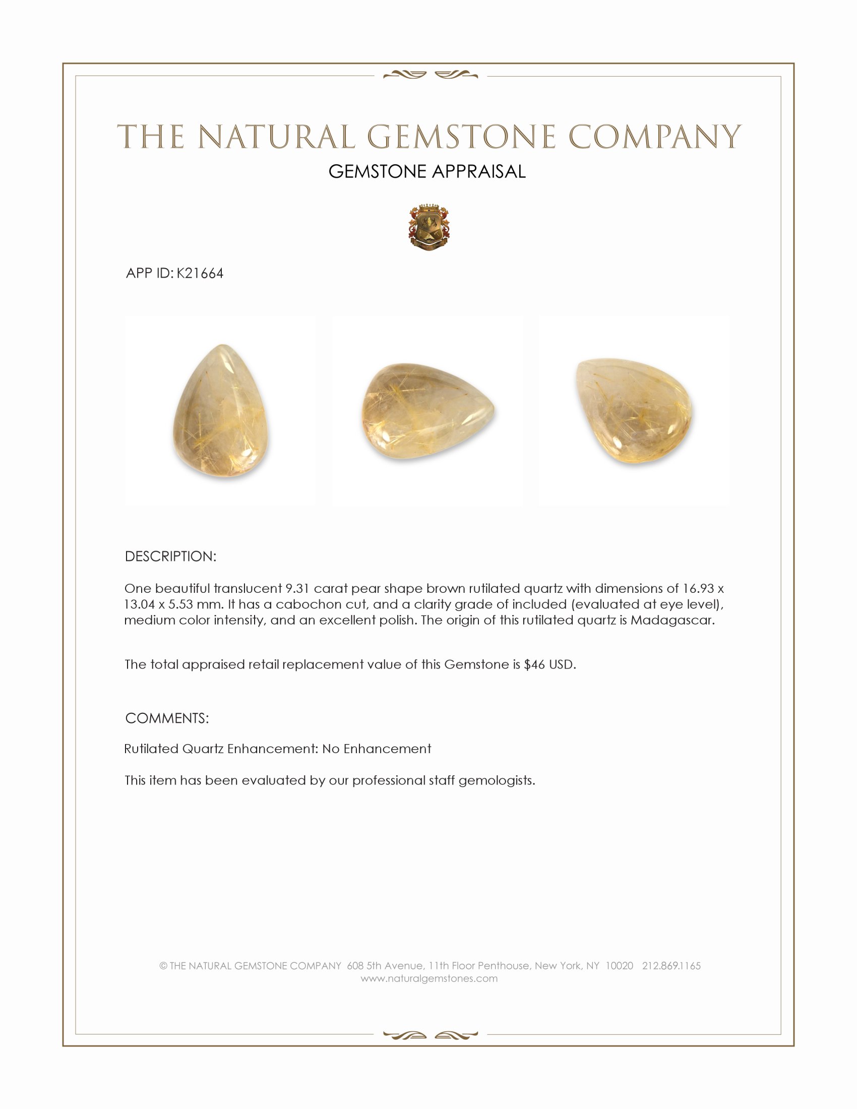 9.31 Ct. Brown Cabochon Rutilated Quartz from Madagascar