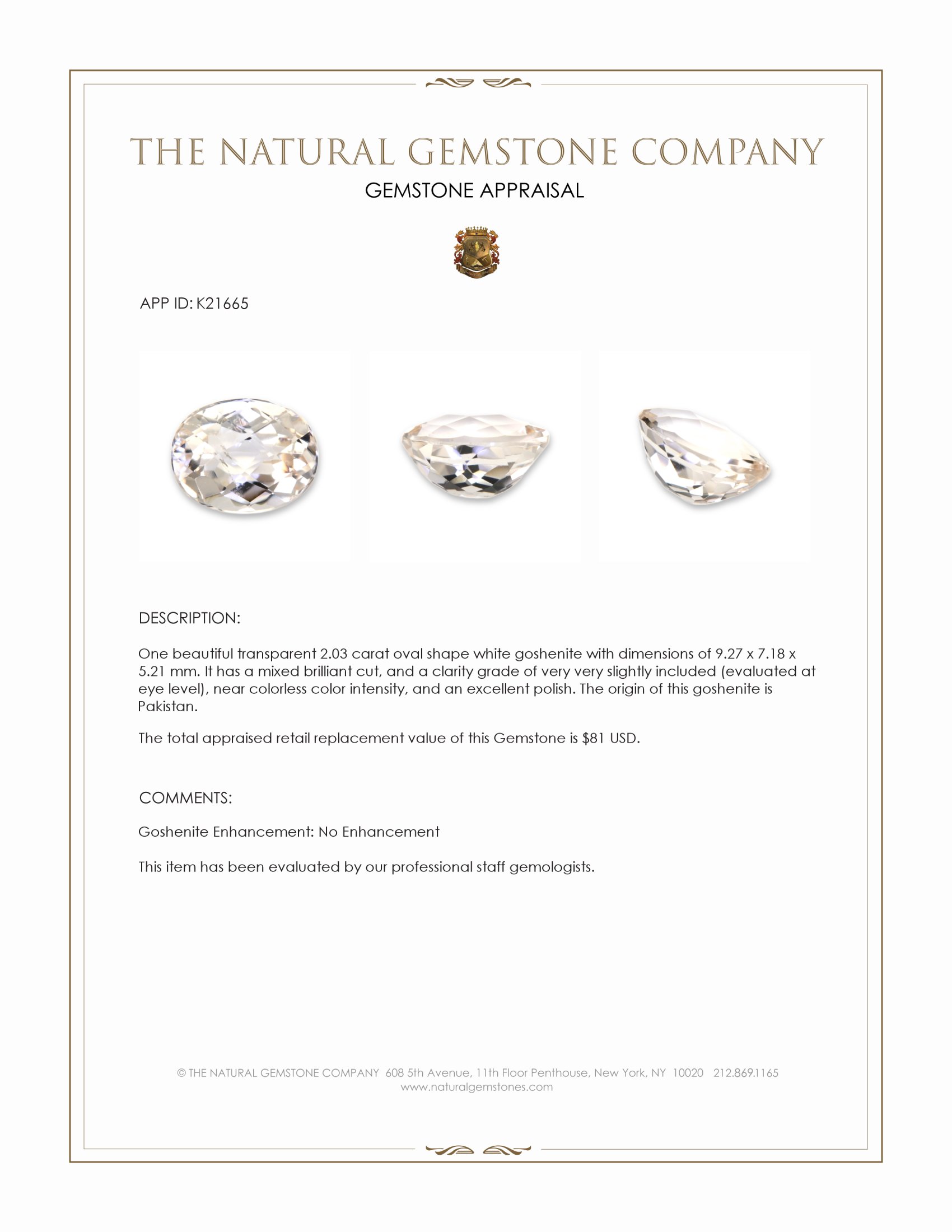 2.03 Ct. Goshenite from Pakistan