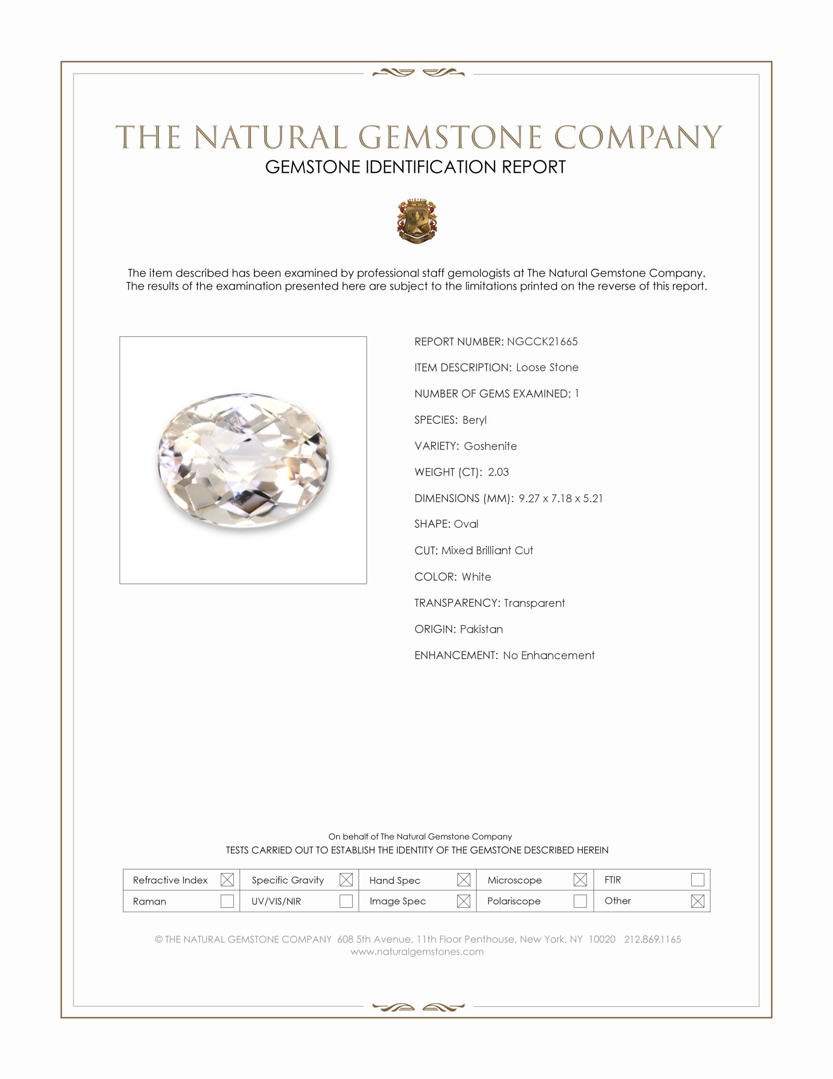2.03 Ct. White Goshenite from Pakistan