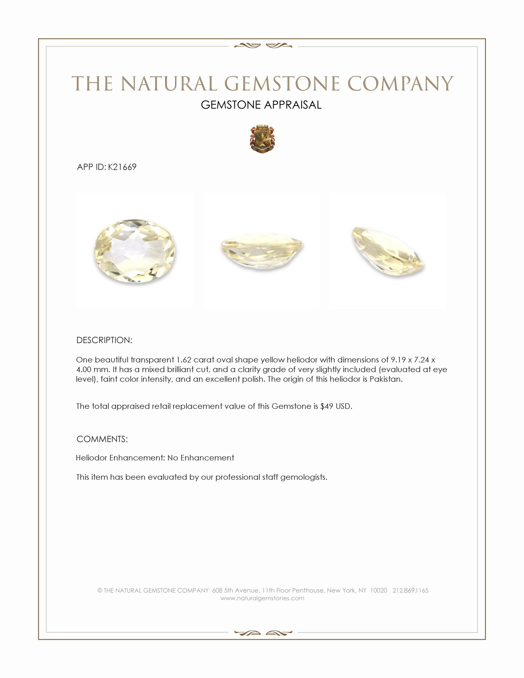 1.62 Ct. Heliodor from Pakistan