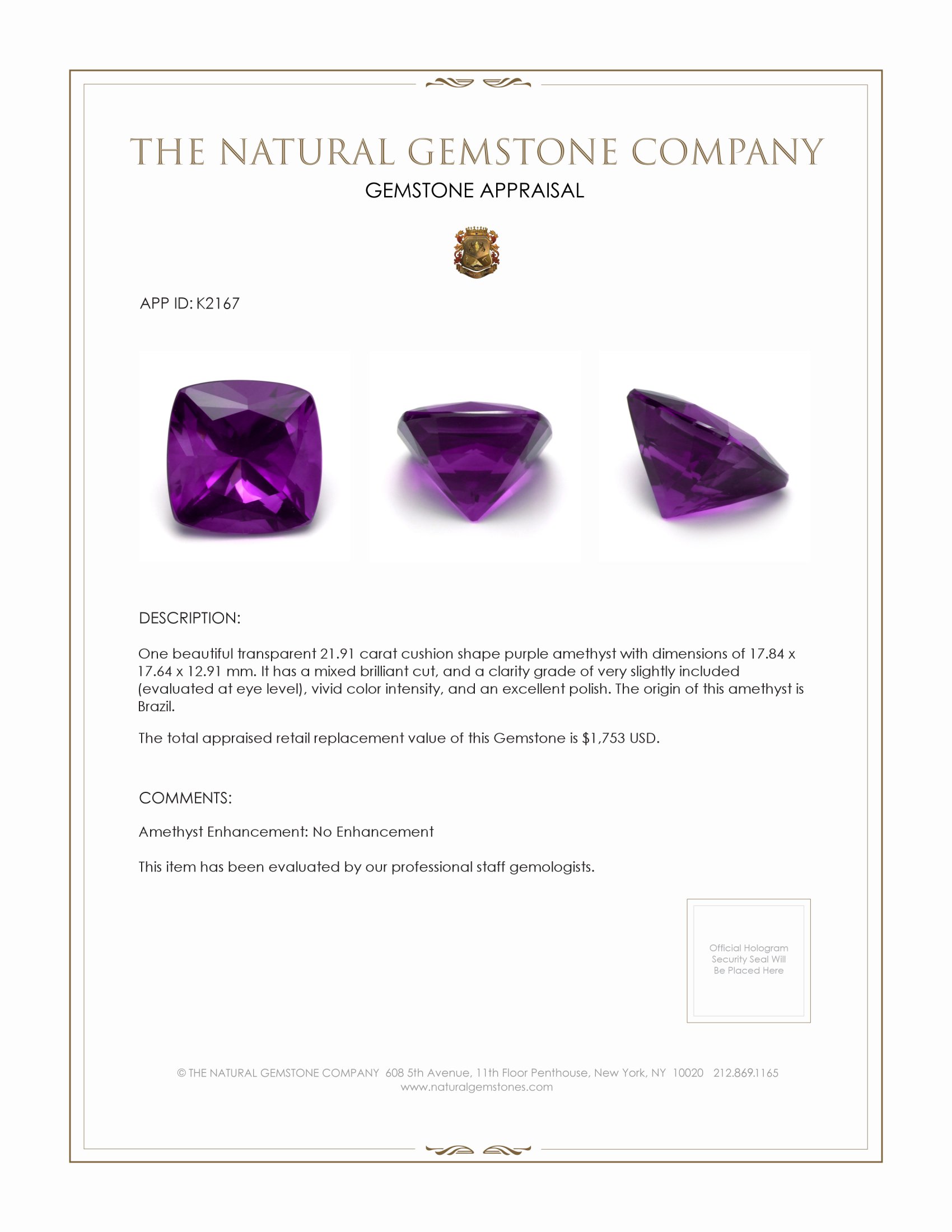 21.91 Ct. Amethyst from Brazil