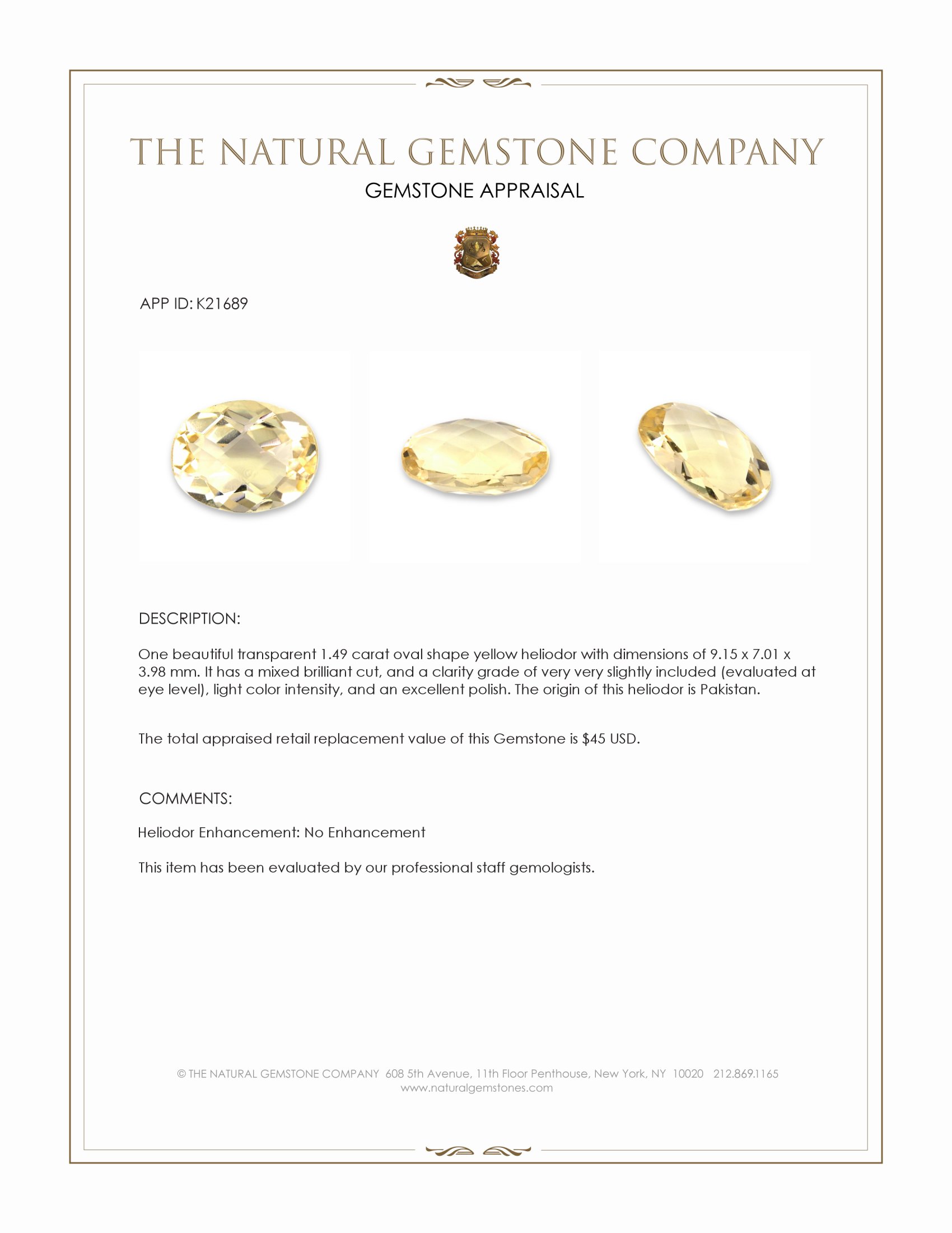 1.49 Ct. Yellow Heliodor from Pakistan