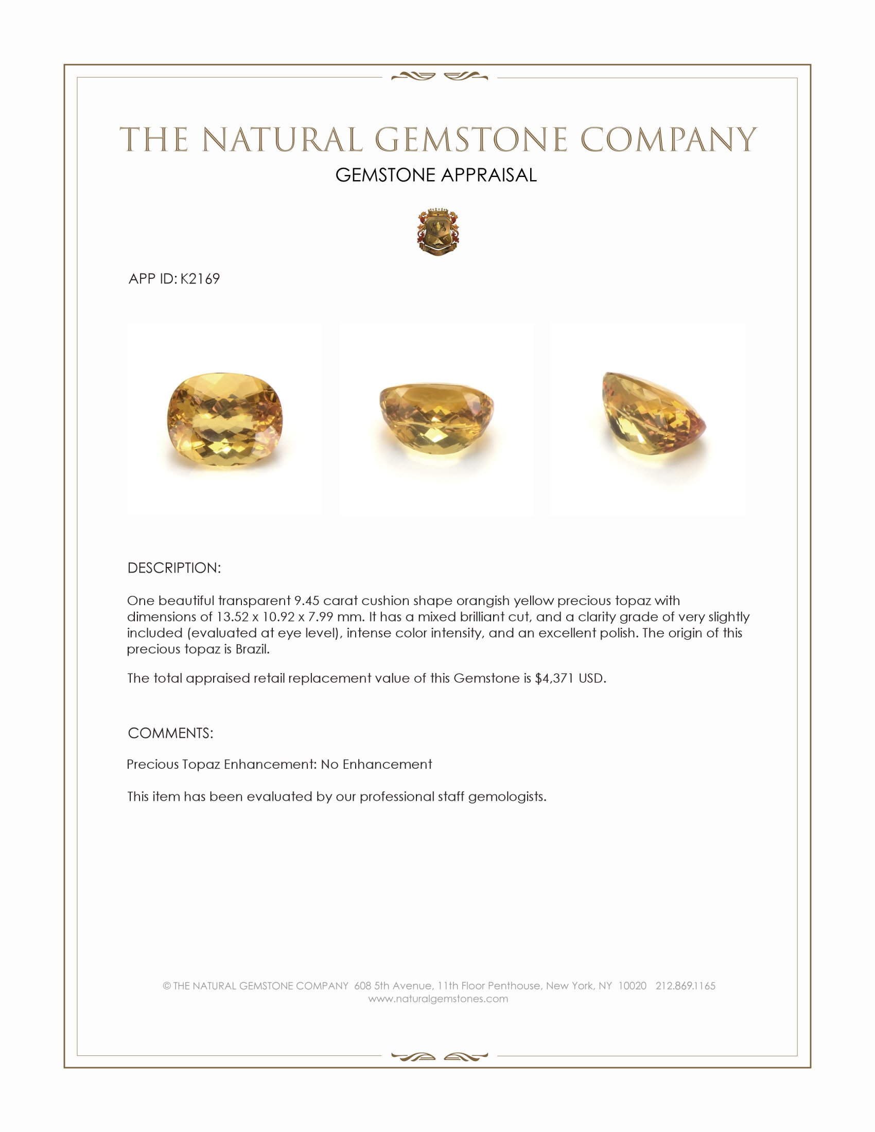 9.45 Ct. Orangish Yellow Precious Topaz from Brazil