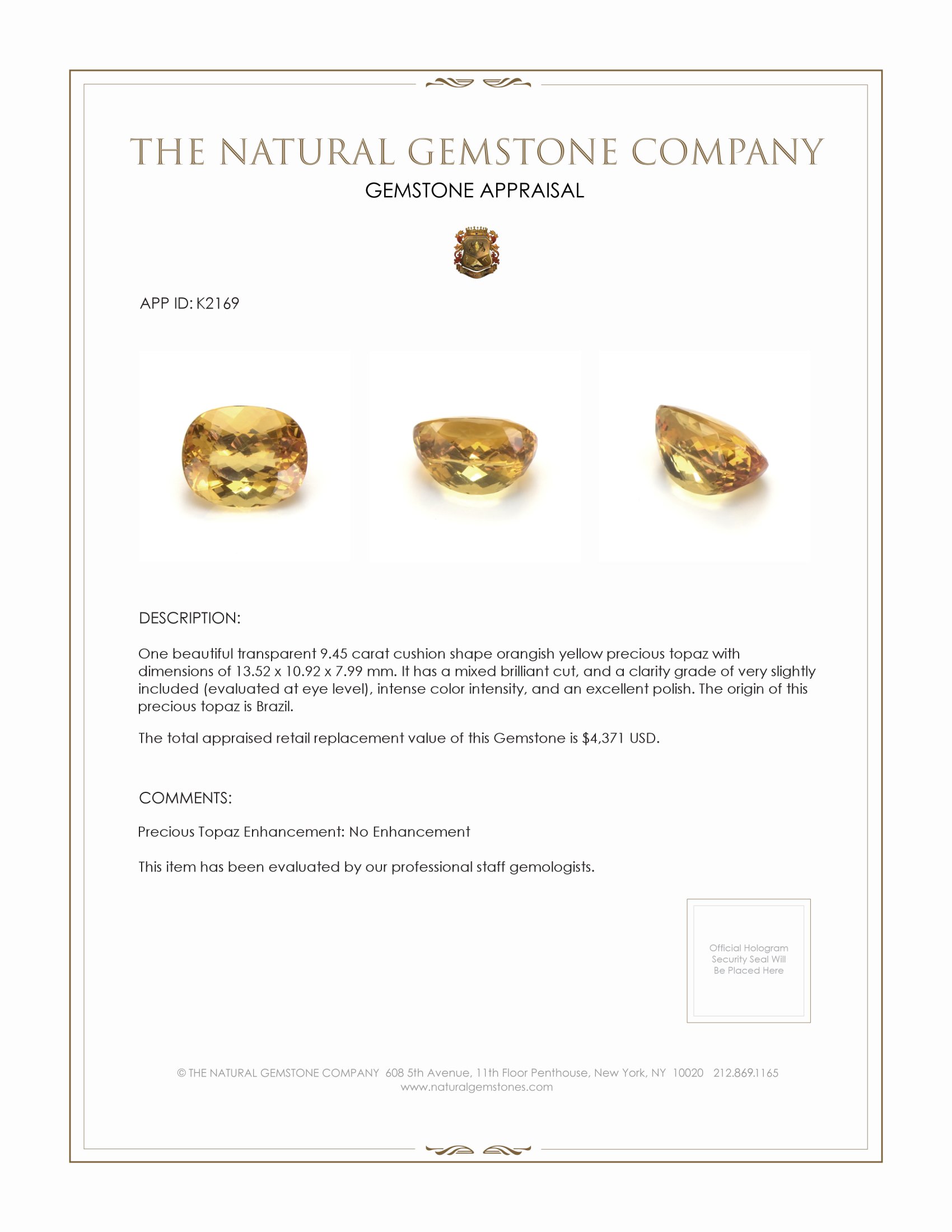 9.45 Ct. Precious Topaz from Brazil