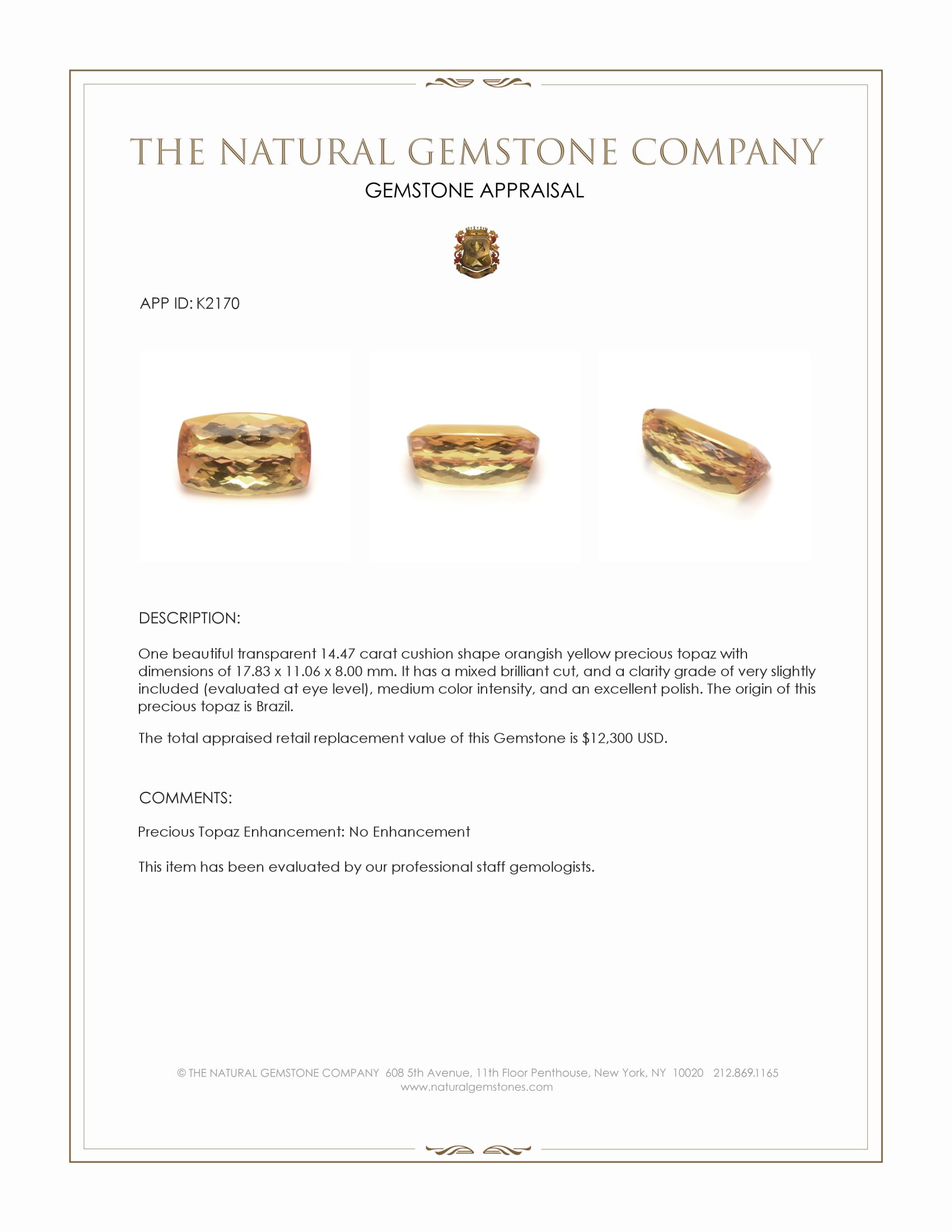 14.47 Ct. Orangish Yellow Precious Topaz from Brazil