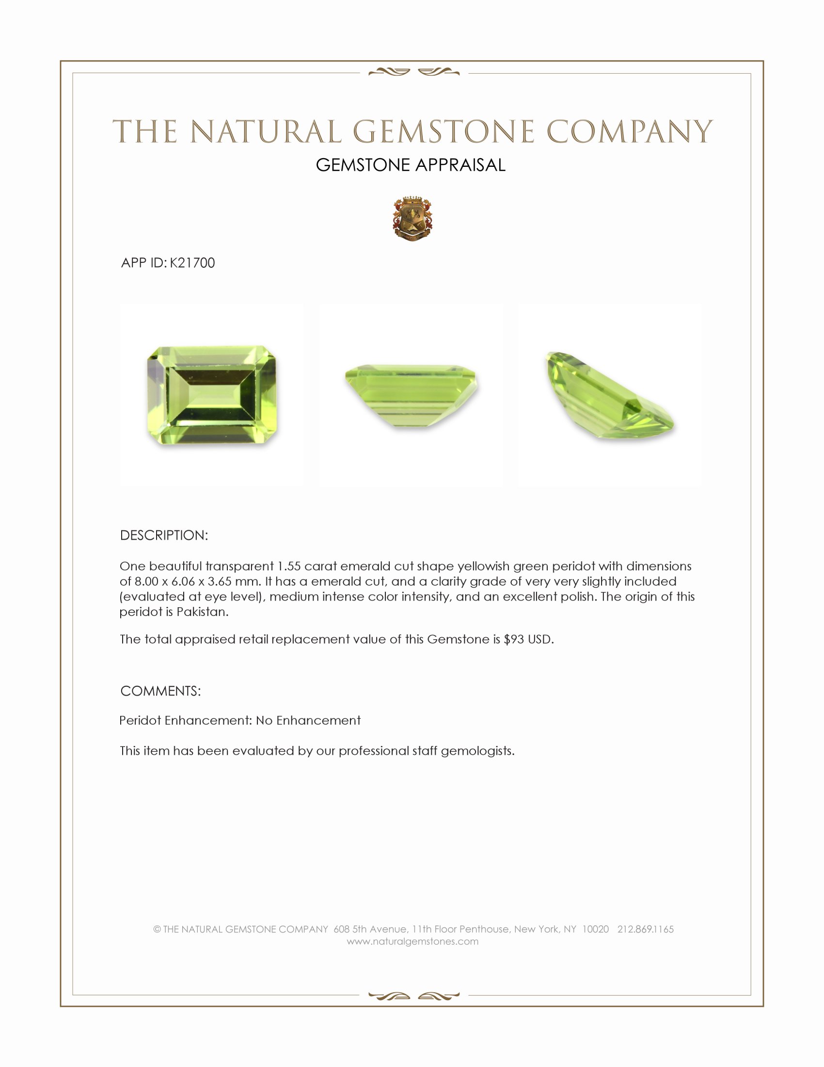 1.55 Ct. Yellowish Green Peridot from Pakistan