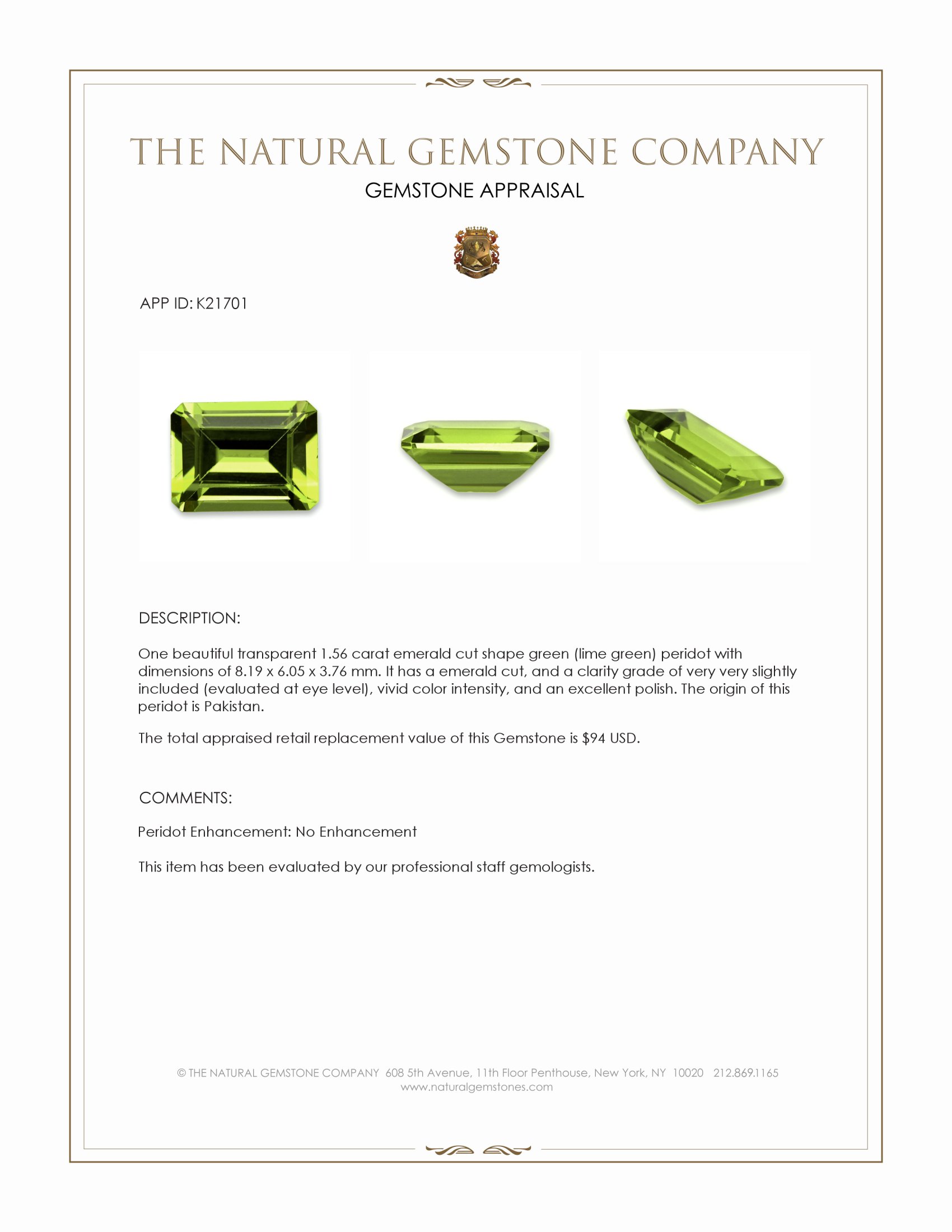 1.56 Ct. Green (Lime Green) Peridot from Pakistan
