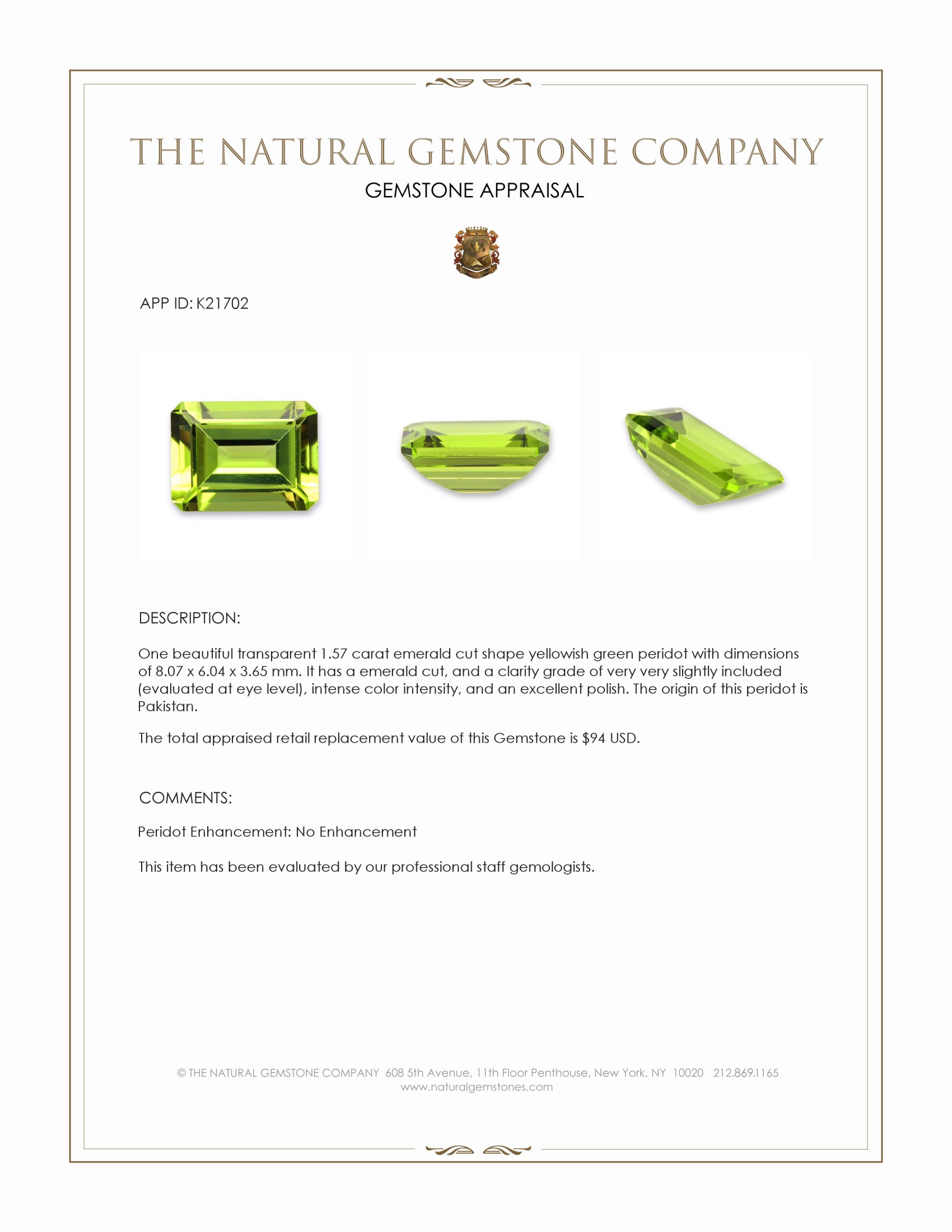 1.57 Ct. Yellowish Green Peridot from Pakistan