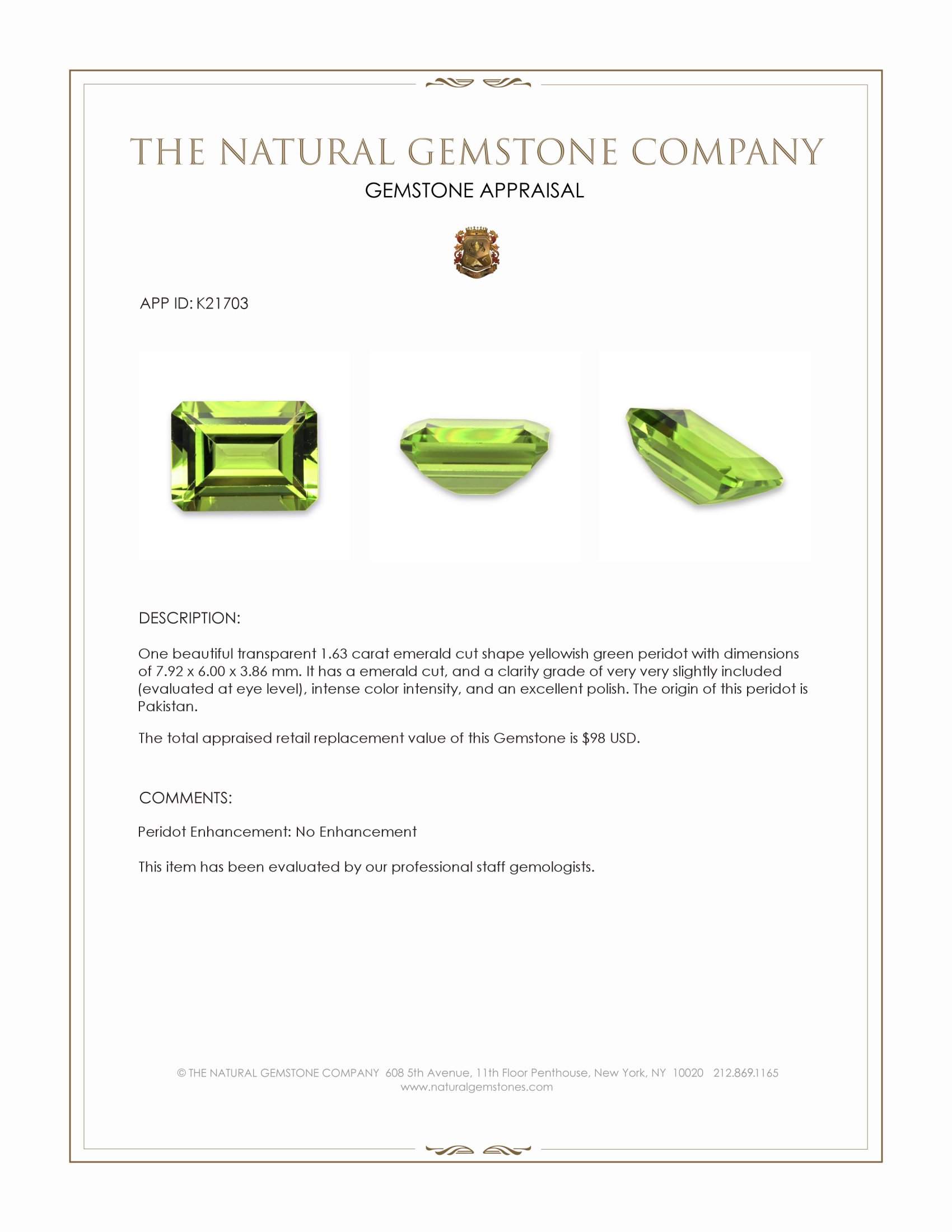 1.63 Ct. Yellowish Green Peridot from Pakistan