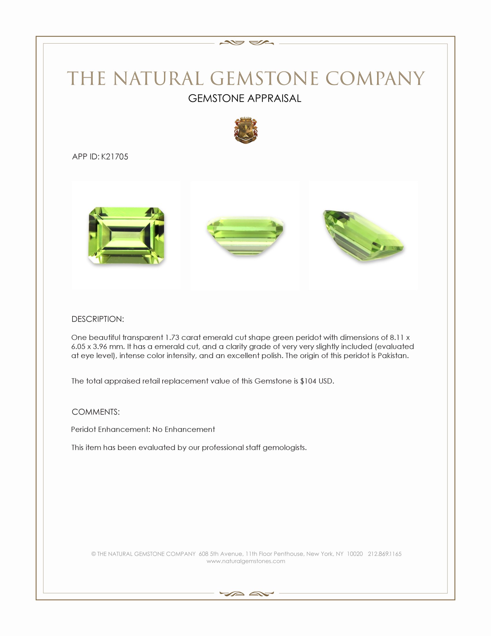 1.73 Ct. Green (Lime Green) Peridot from Pakistan