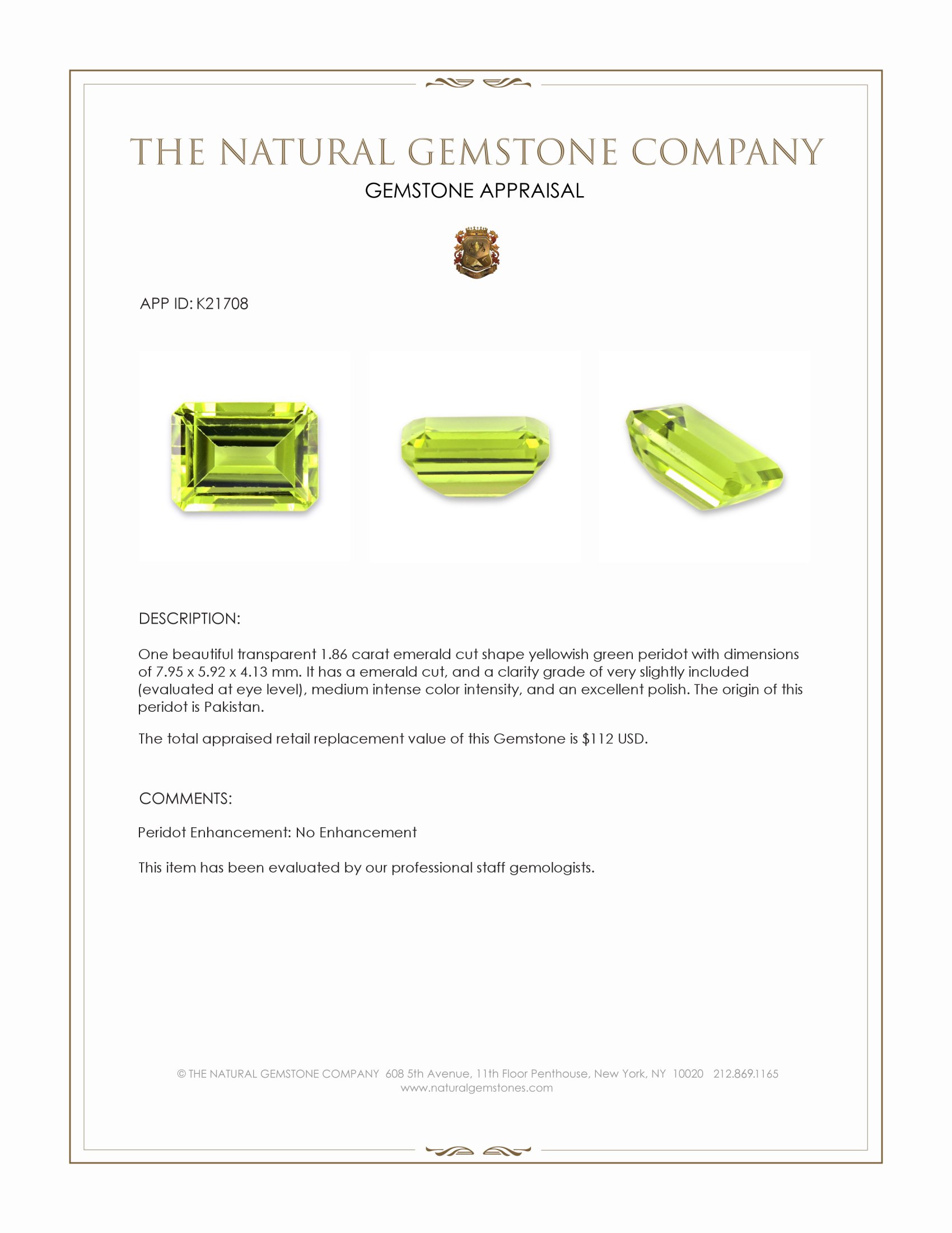 1.86 Ct. Yellowish Green Peridot from Pakistan