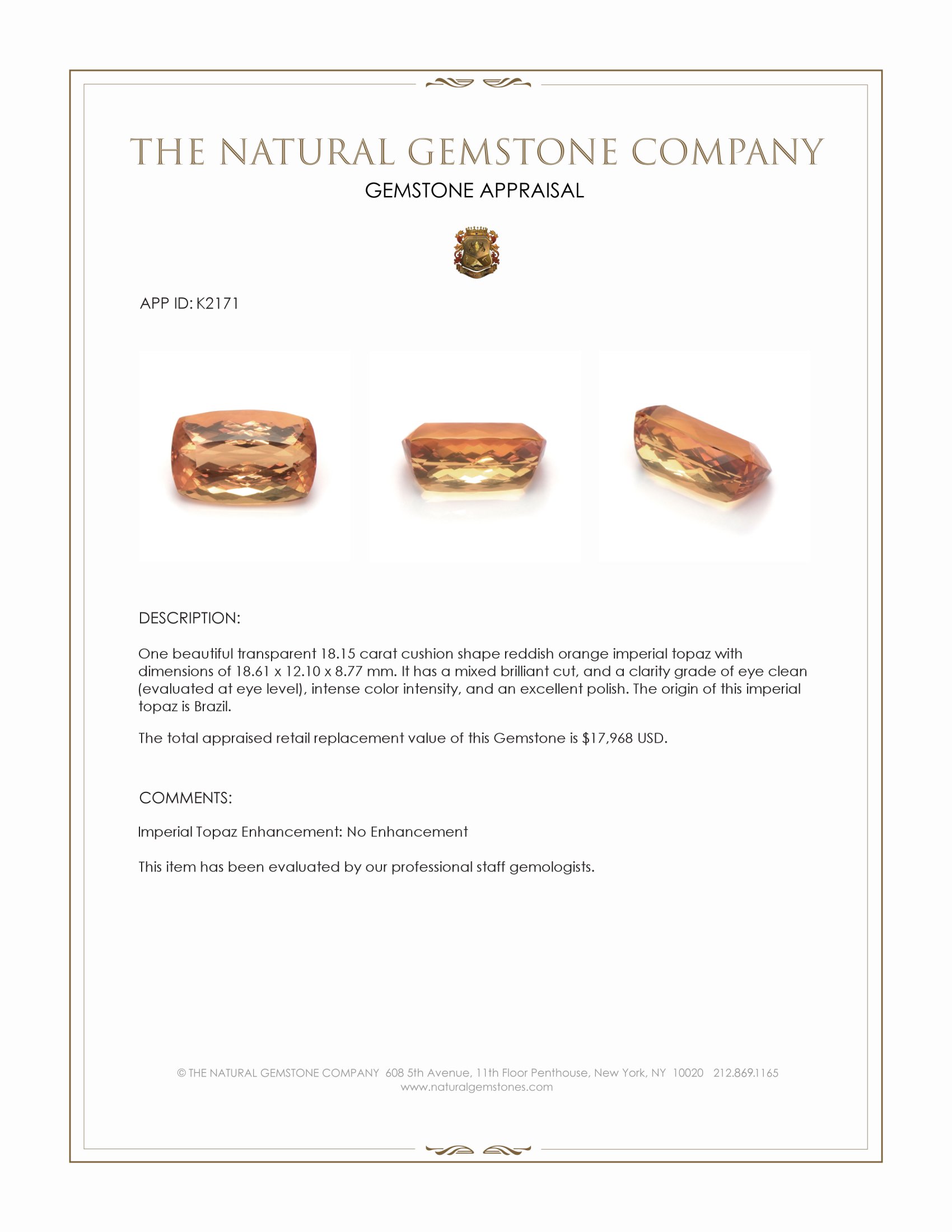 18.15 Ct. Imperial Topaz from Brazil