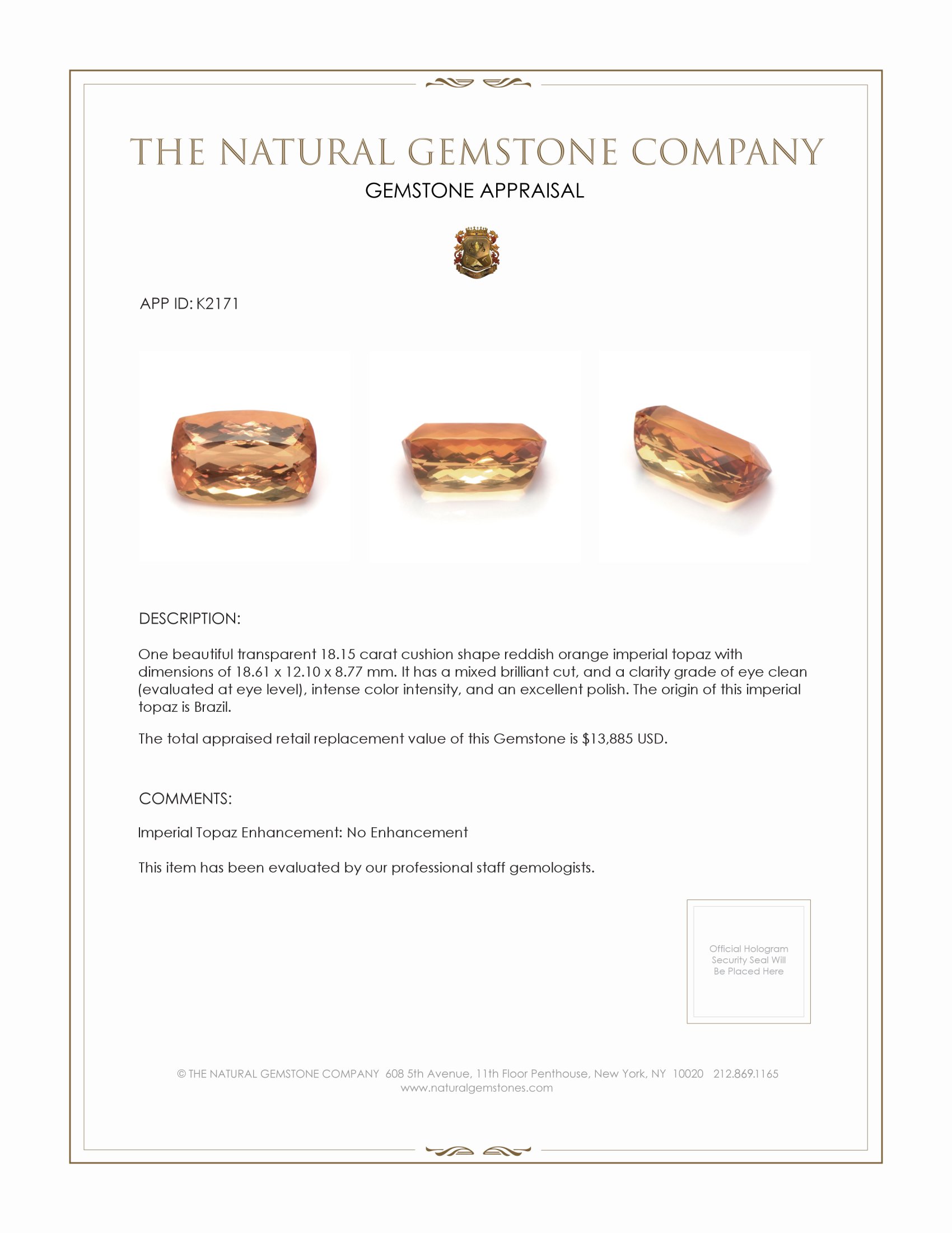 18.15 Ct. Imperial Topaz from Brazil