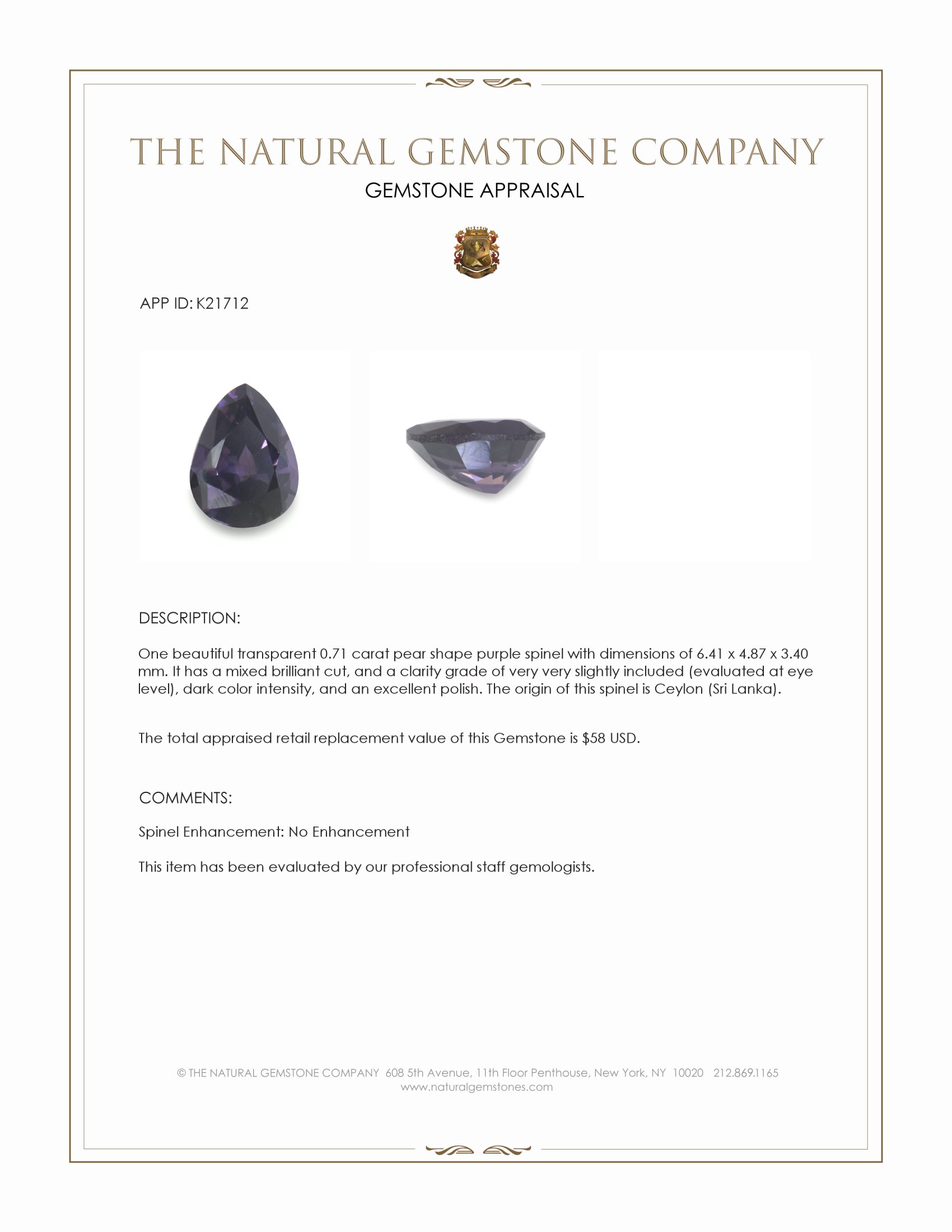 0.71 Ct. Purple Spinel from Ceylon (Sri Lanka)
