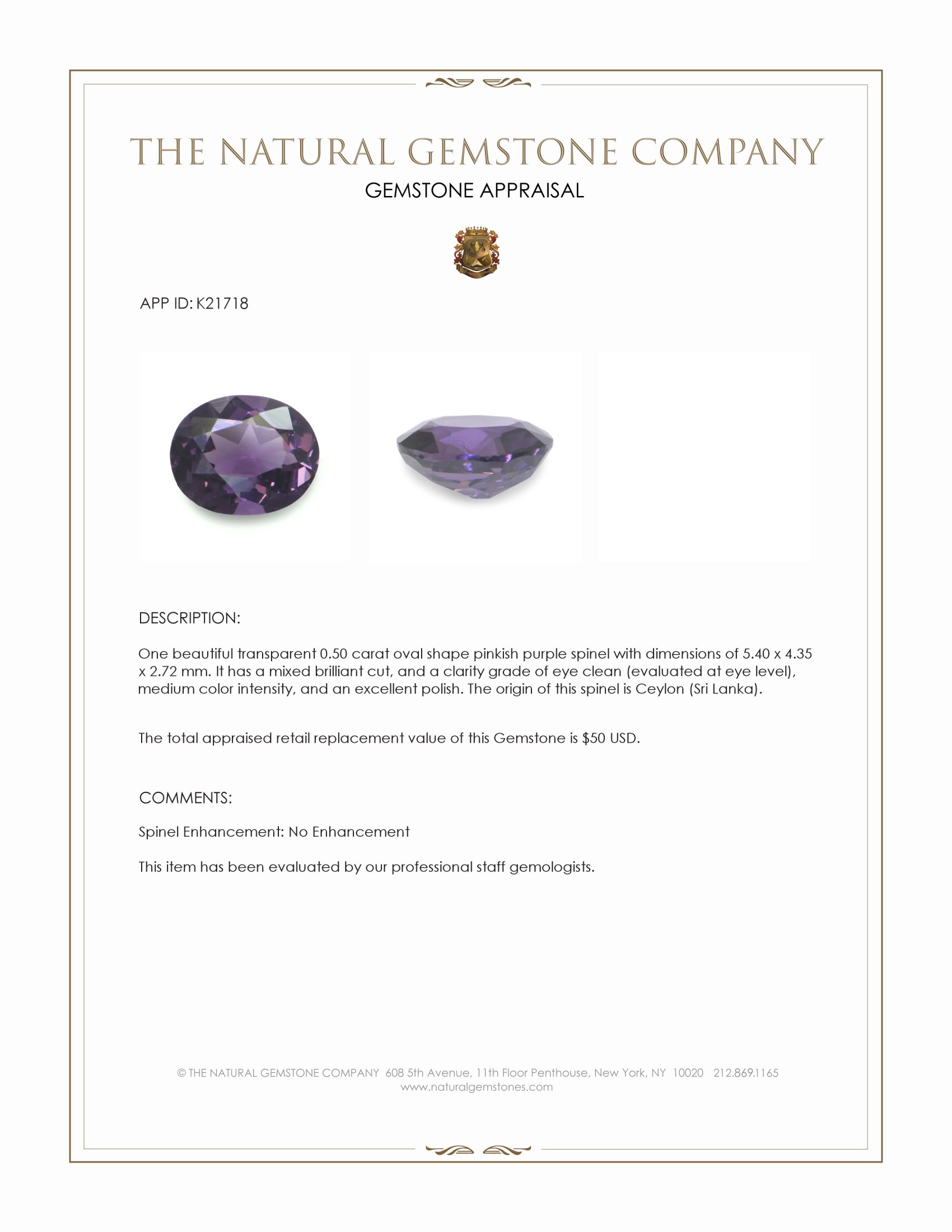 0.50 Ct. Pinkish Purple Spinel from Ceylon (Sri Lanka)