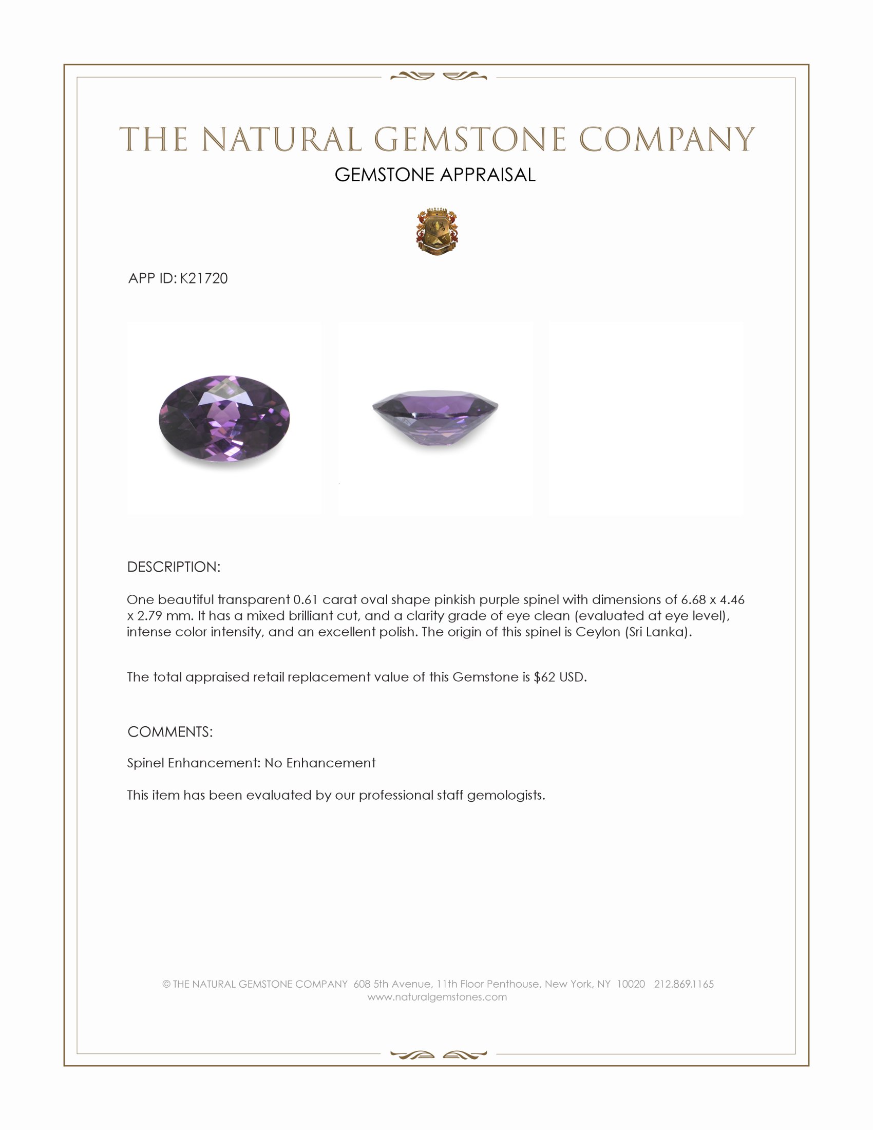 0.61 Ct. Pinkish Purple Spinel from Ceylon (Sri Lanka)
