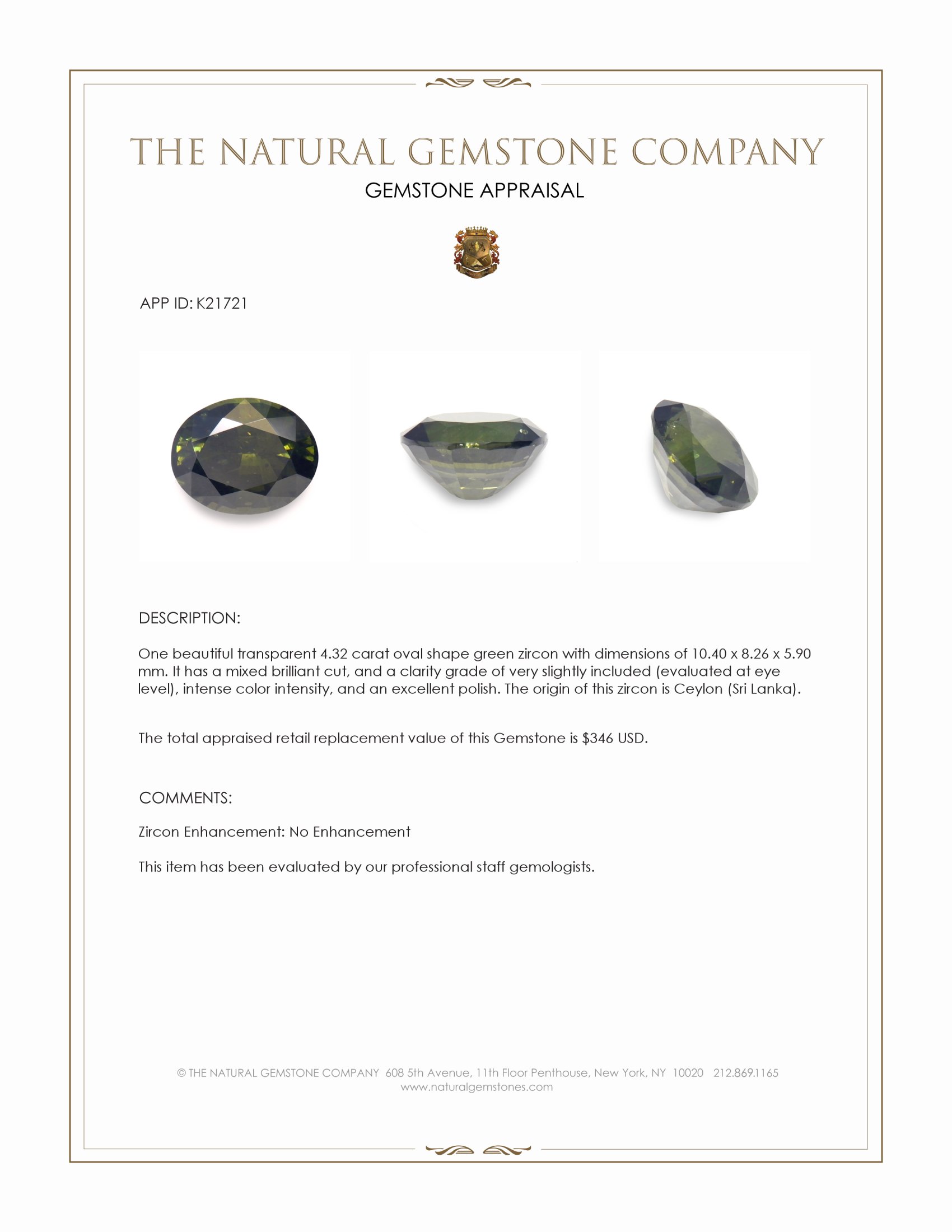 4.32 Ct. Green Zircon from Ceylon (Sri Lanka)