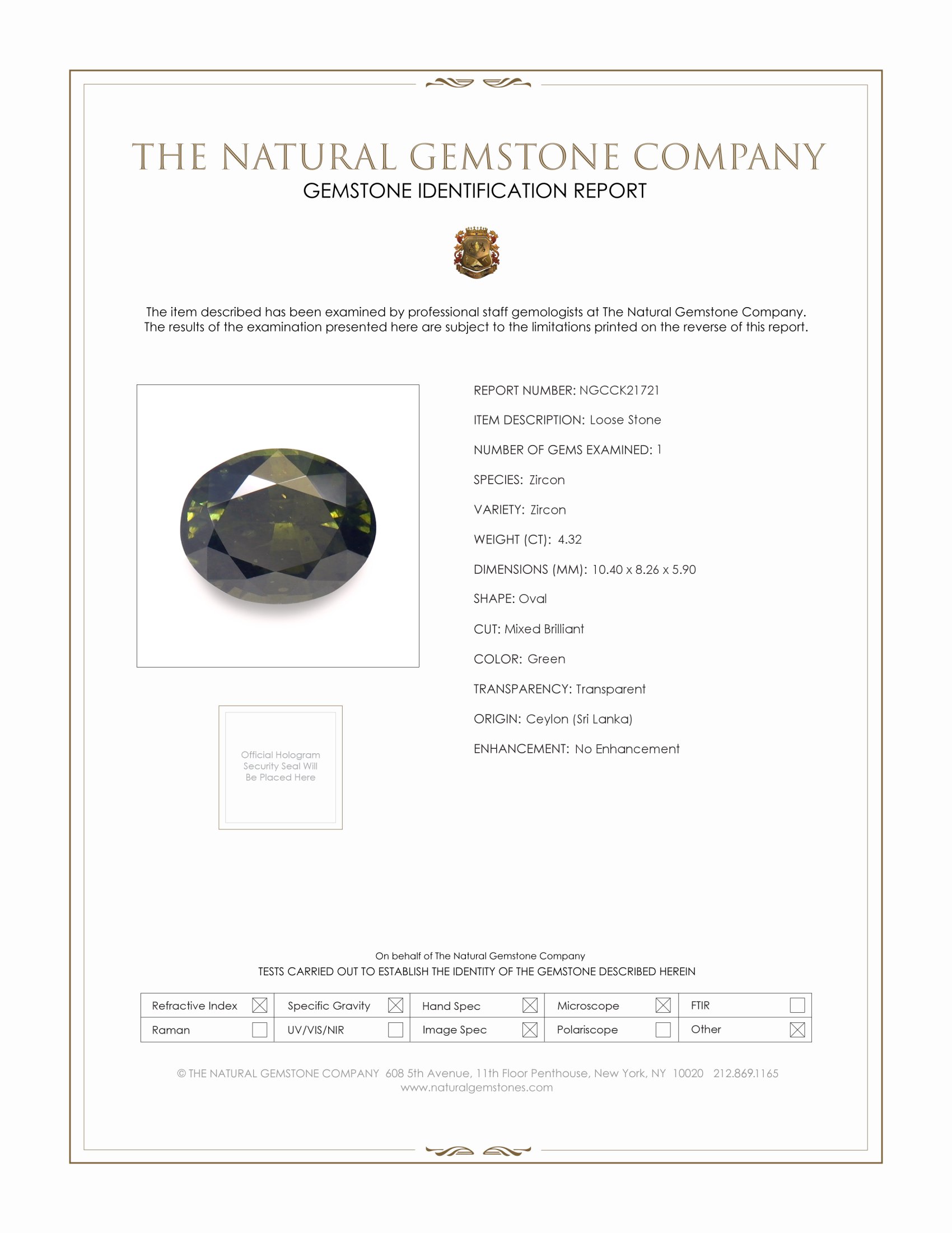 4.32 Ct. Green Zircon from Ceylon (Sri Lanka)