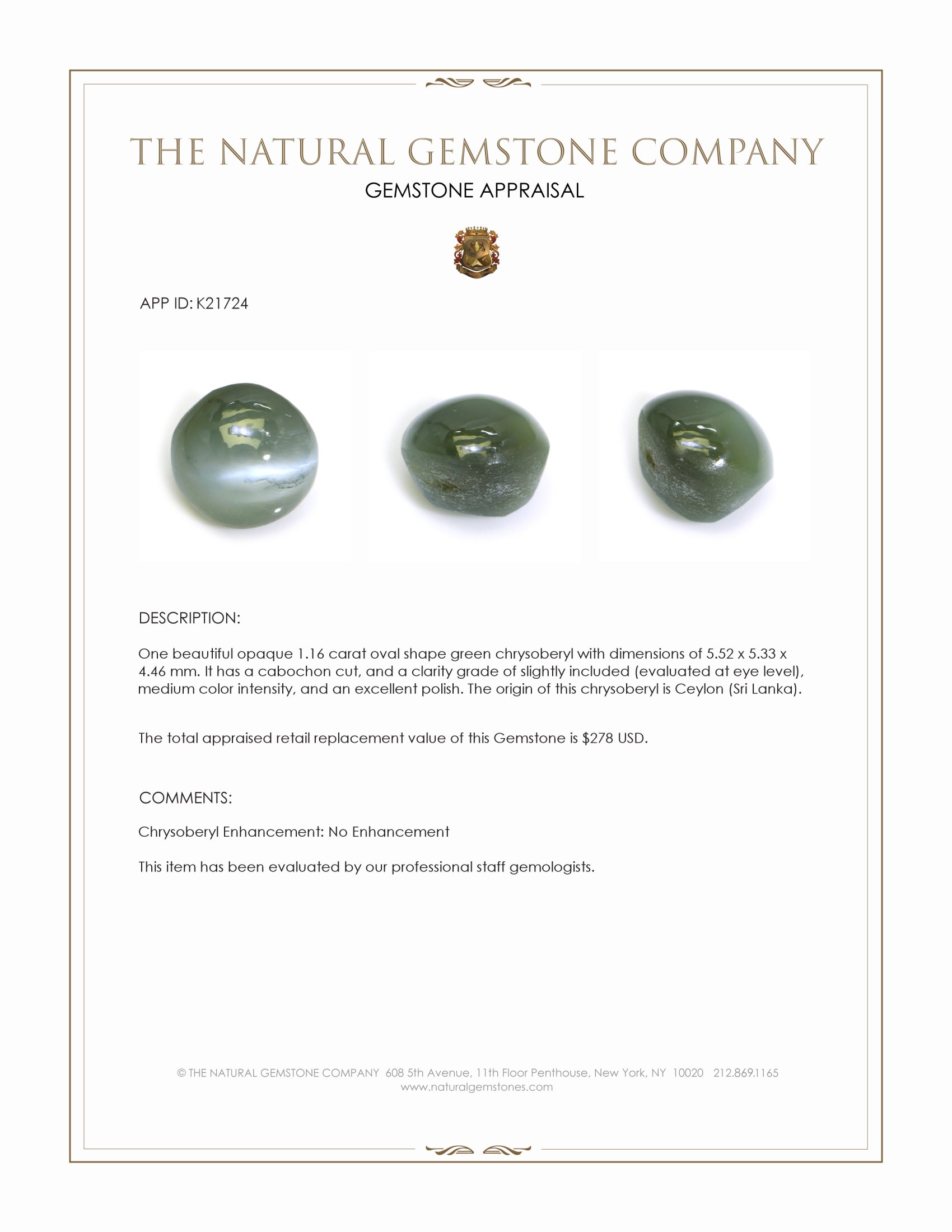 1.16 Ct. Cabochon Chrysoberyl from Ceylon (Sri Lanka)