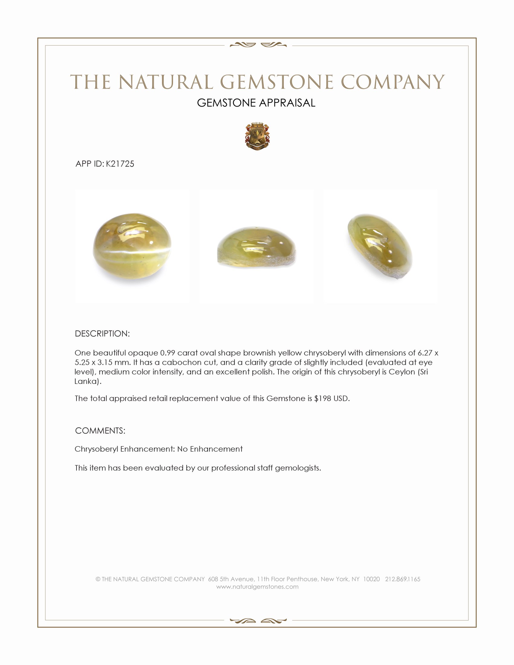 0.99 Ct. Cabochon Chrysoberyl from Ceylon (Sri Lanka)